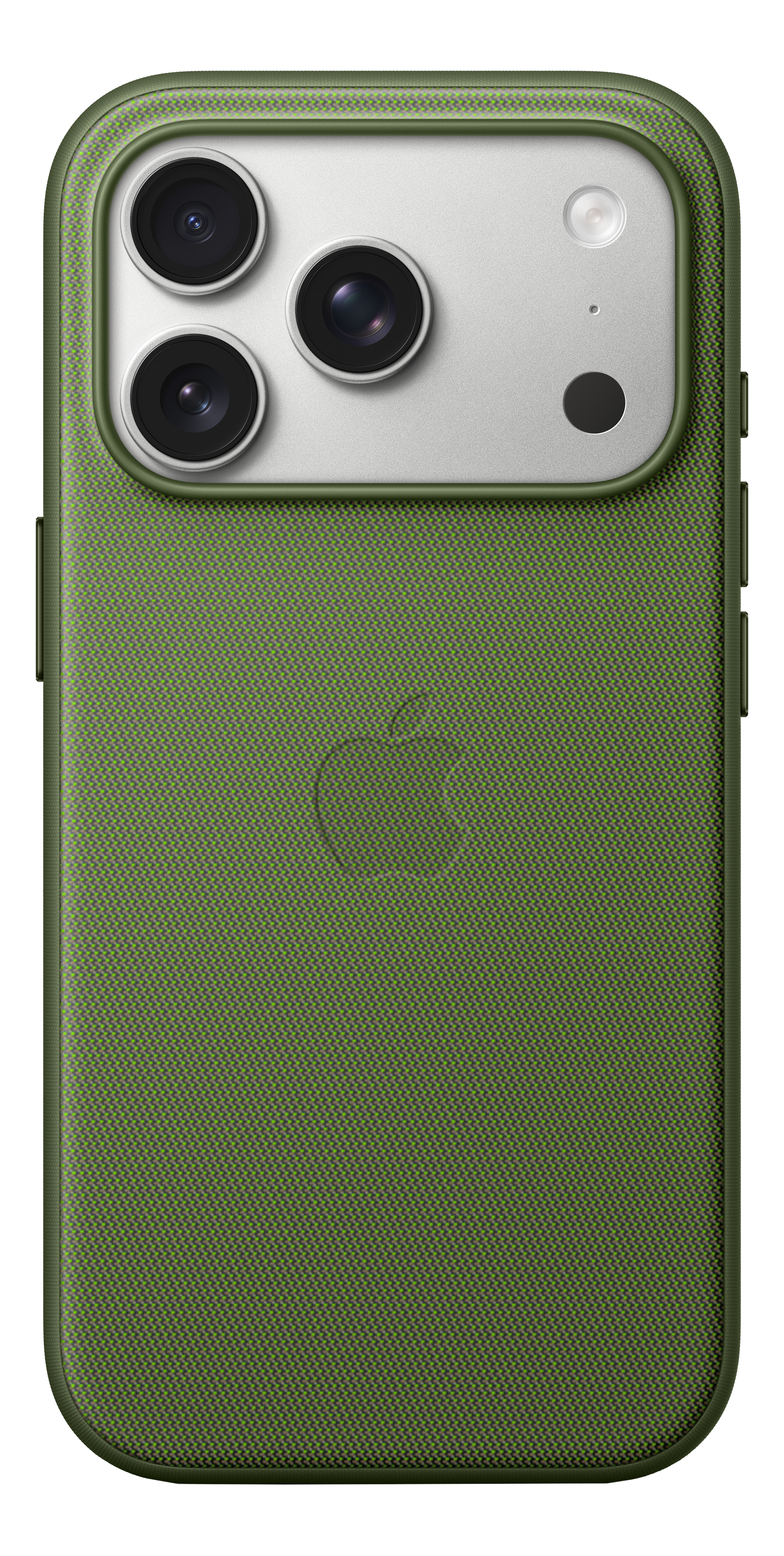 Une coque de téléphone verte avec un dos texturé. Elle a trois objectifs et un flash. Un logo Apple est visible.