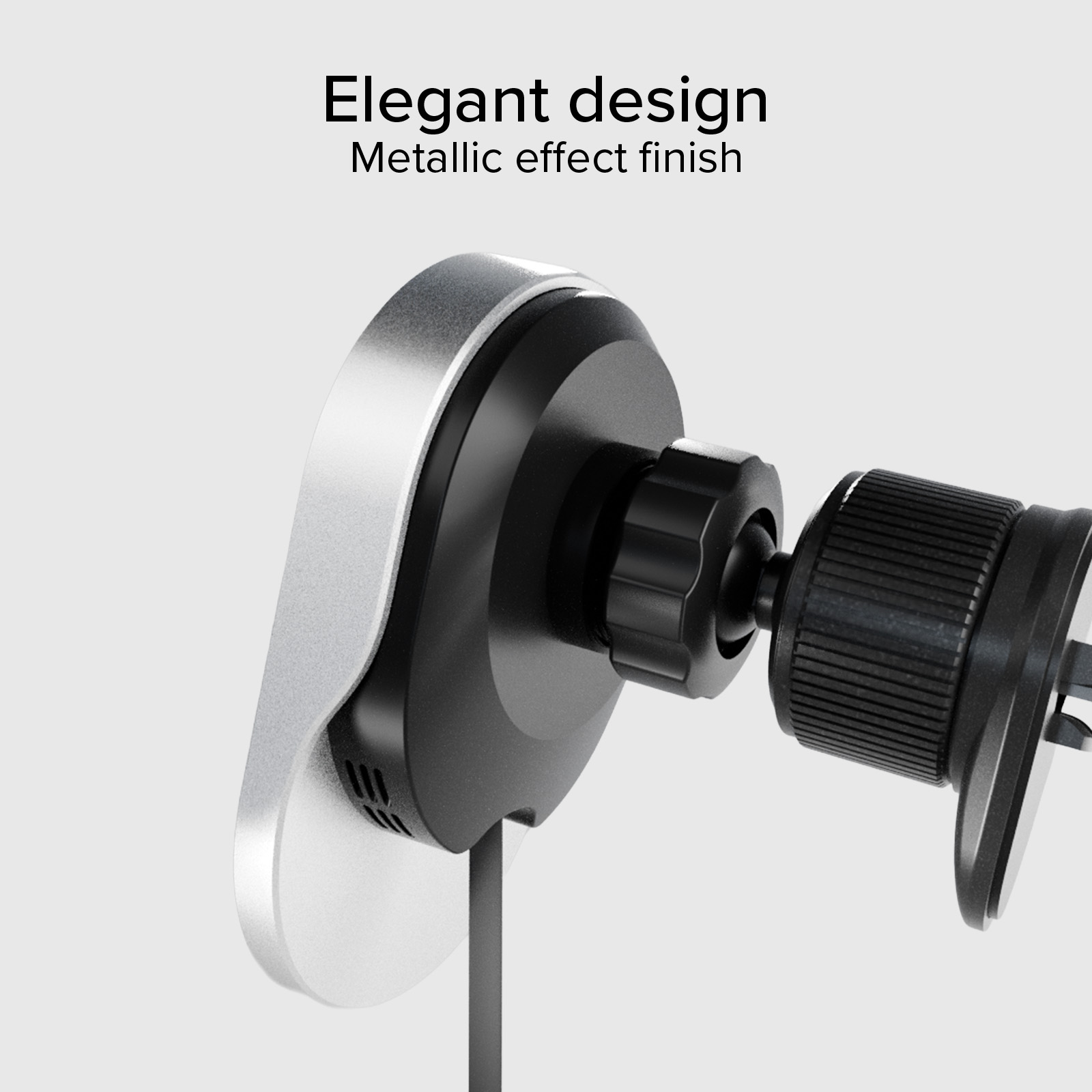 Ein Autohalter mit silbernen und schwarzen Teilen. Der Text darüber lautet 'Elegantes Design Metallic-Effekt-Finish'.