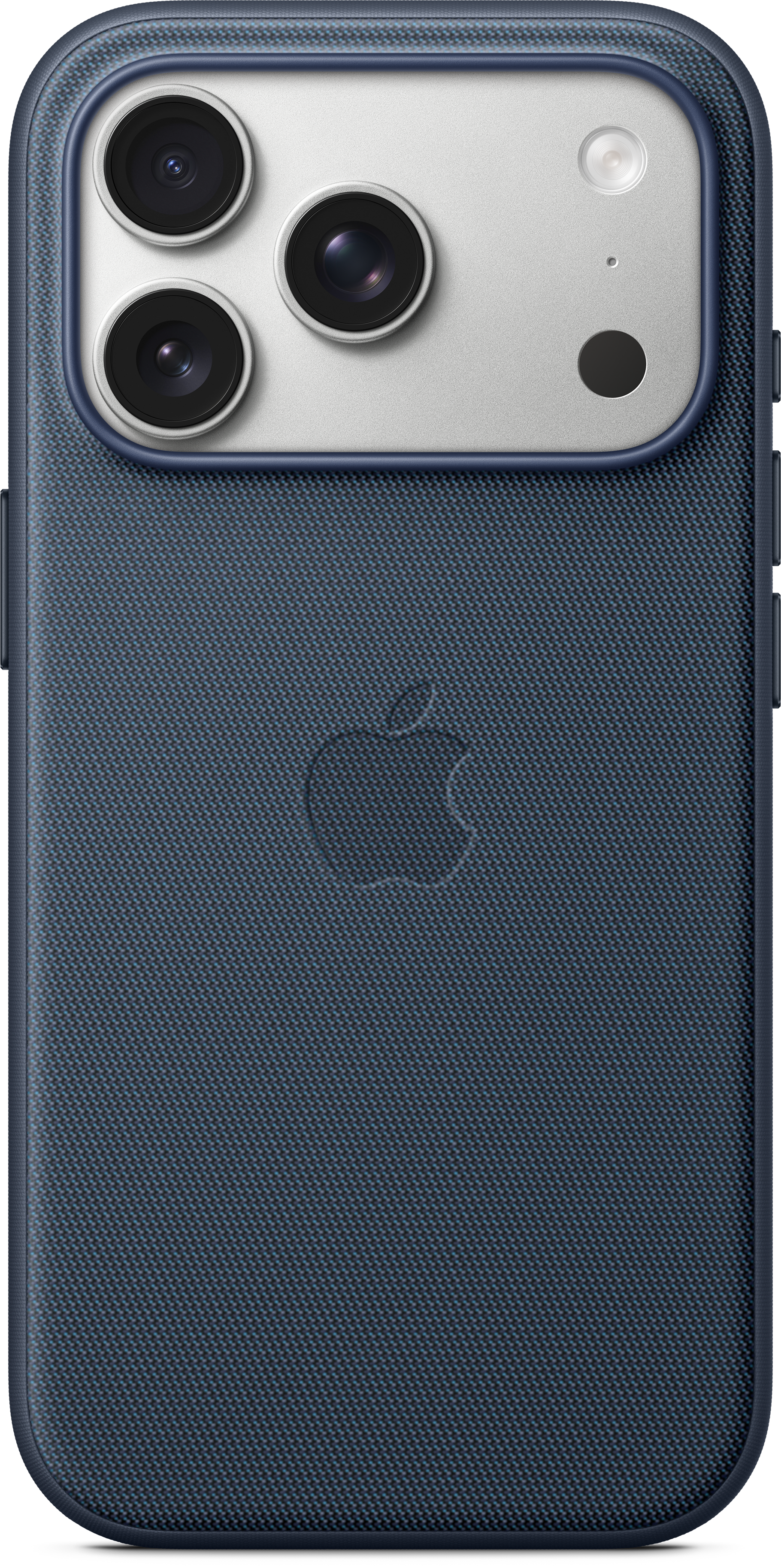 Rückseite eines blauen iPhones mit drei Kameras, einem Blitz und einem Apple-Logo. Die Textur ist gewebt.