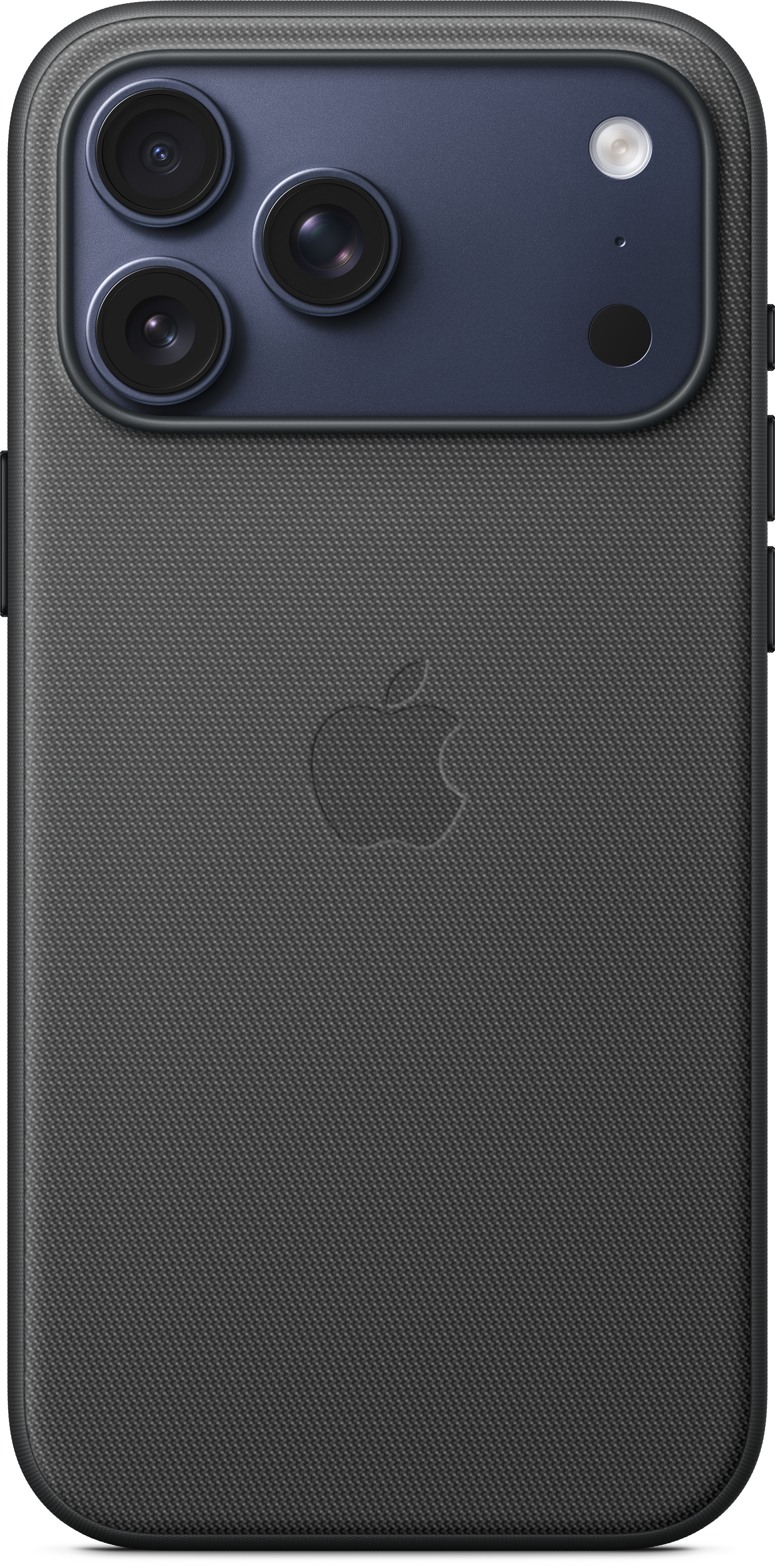 Gros plan d'une coque d'iPhone gris foncé avec trois objectifs, un flash et le logo Apple.