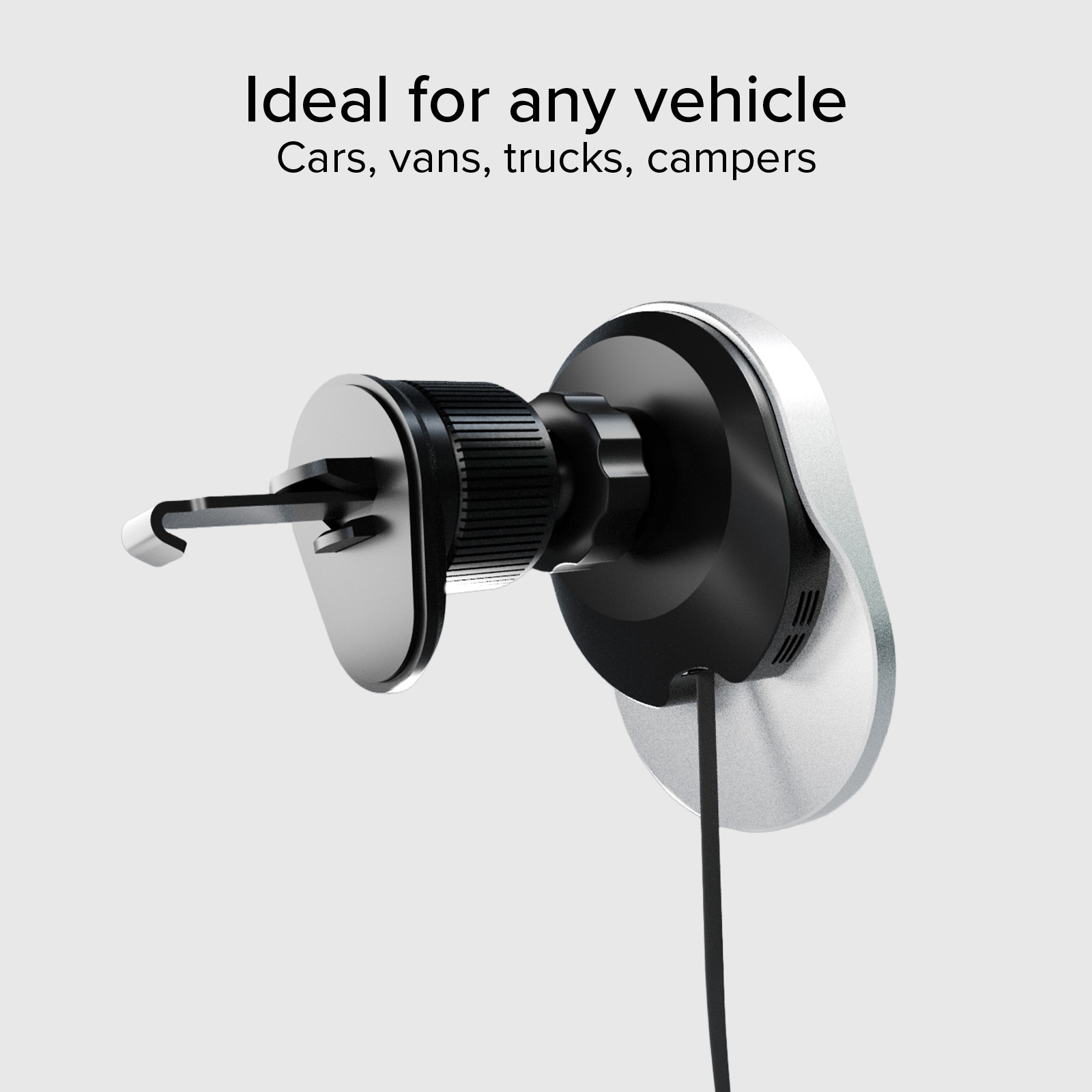 Telefonhalterung für das Auto. Schwarzes und silbernes Gerät mit schwarzem Kabel auf hellgrauem Hintergrund. Text: ideal für jedes Fahrzeug.