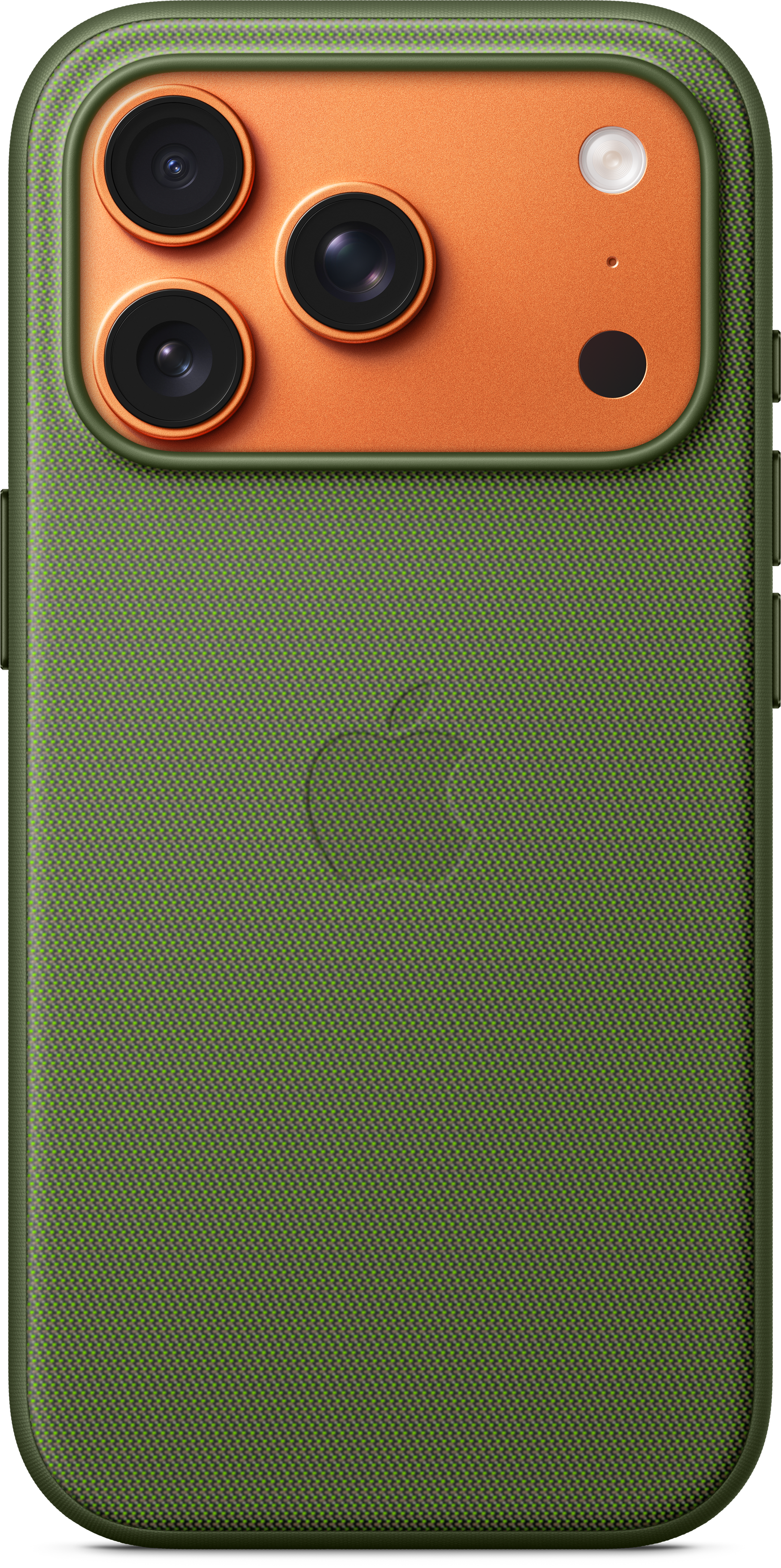 Coque de téléphone verte avec zone caméra orange, trois lentilles, un flash et un logo Apple.