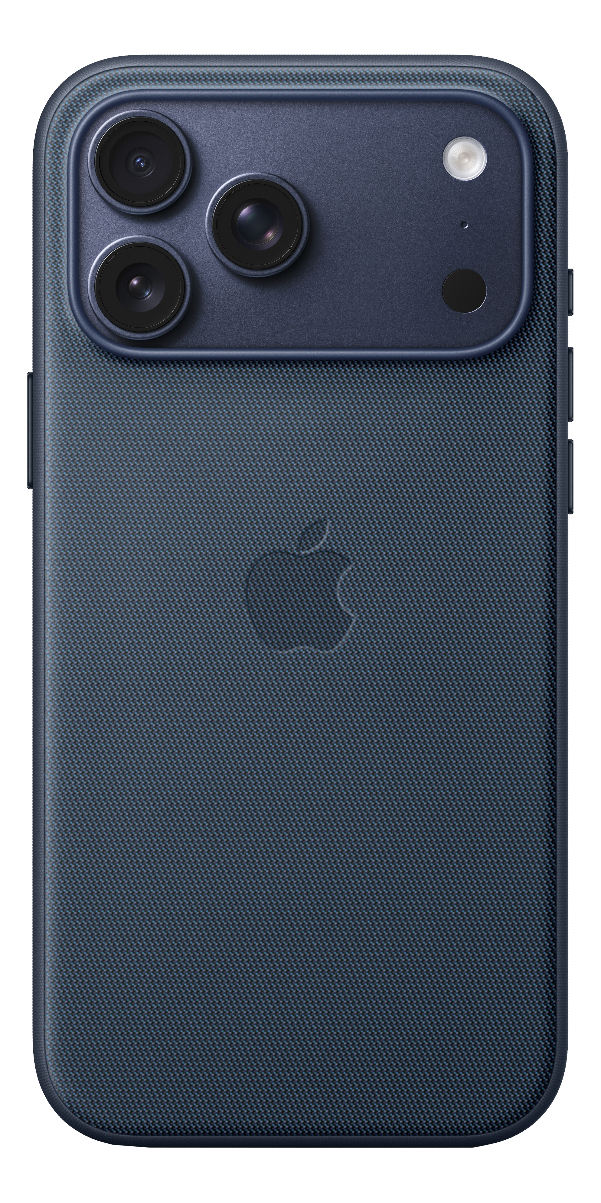 Eine dunkelblaue iPhone-Rückseite mit drei Kameras, einem Blitz und einem Apple-Logo.