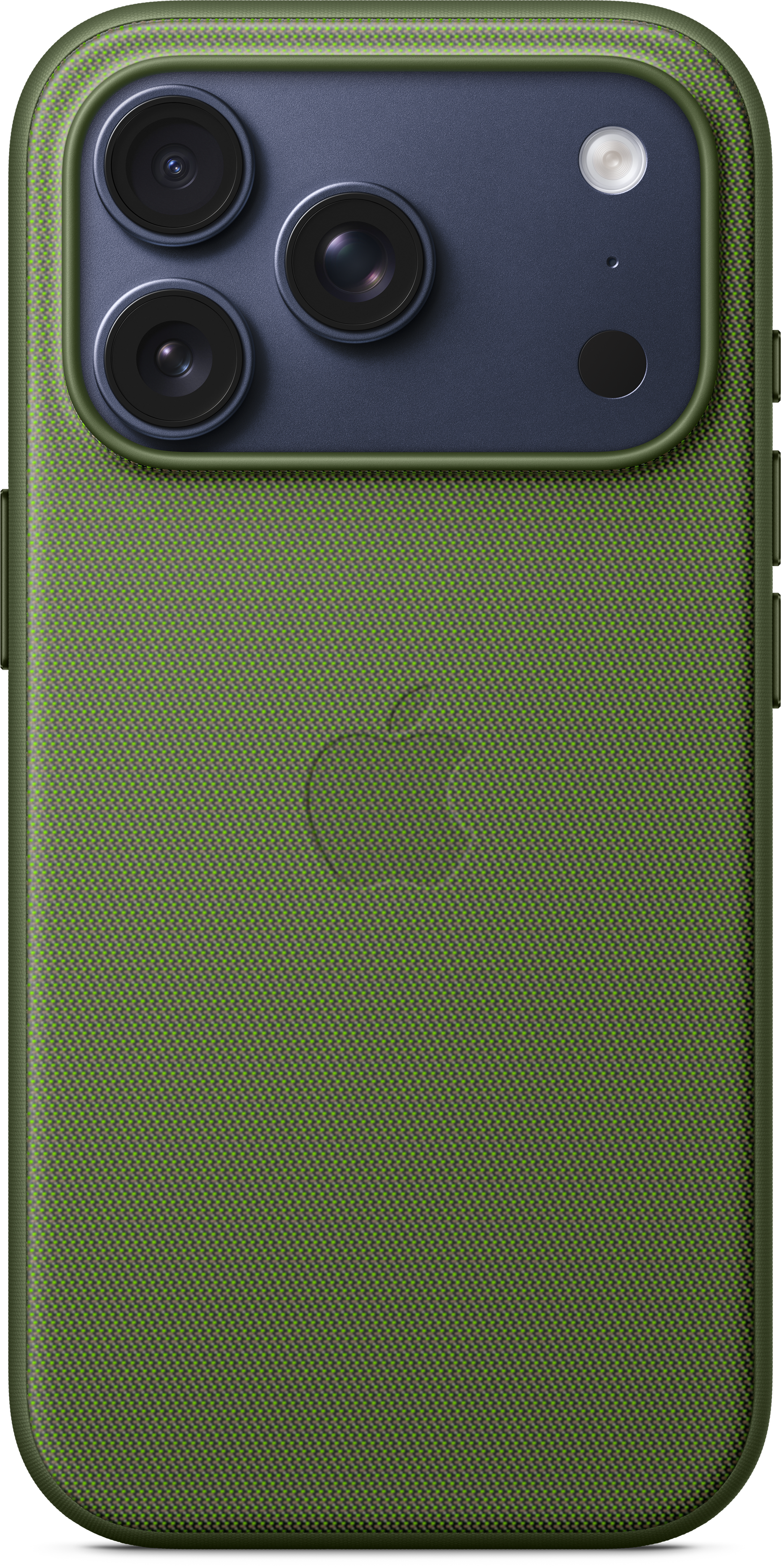 Coque de téléphone verte avec trois objectifs d'appareil photo et un flash. L'arrière a un logo Apple et un motif texturé.