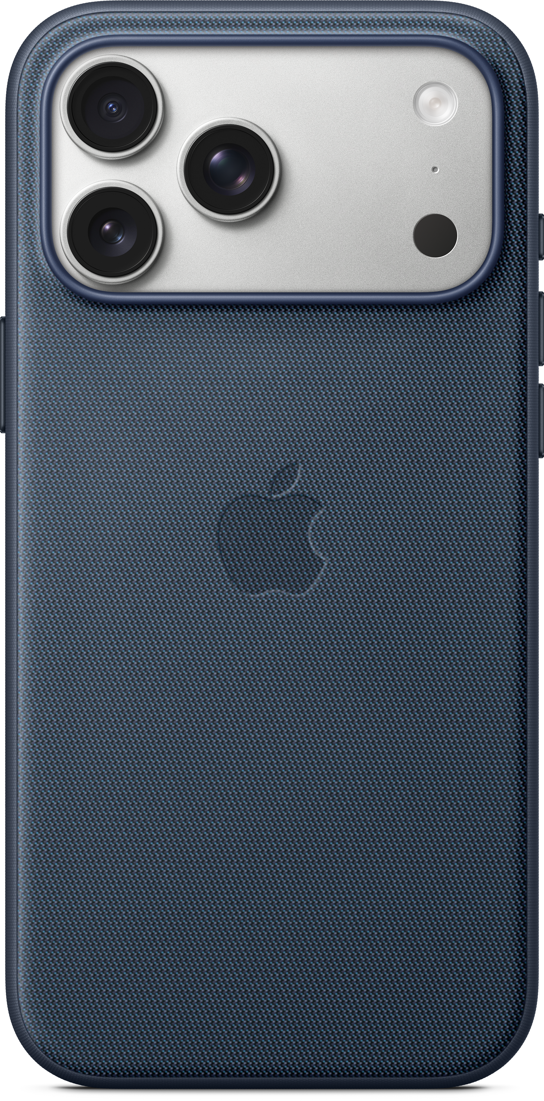 Dunkelblaue Handyhülle mit drei Kameralinsen, einem Blitz und einem Apple-Logo auf strukturierter Oberfläche.