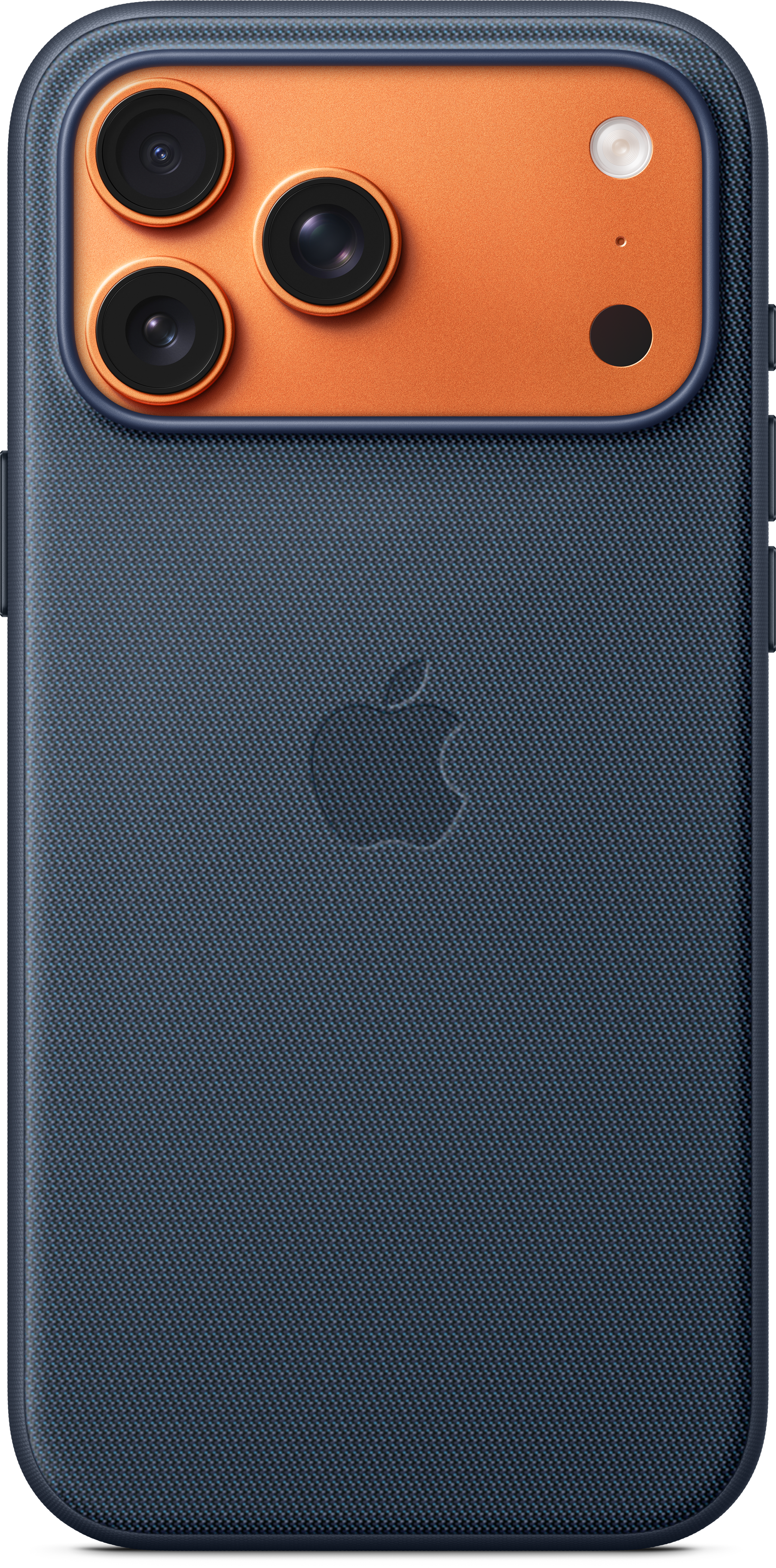 Eine dunkelblaue Handyhülle mit orangefarbener Kamerabereich. Drei Linsen, ein Blitz und ein Apple-Logo sind sichtbar.