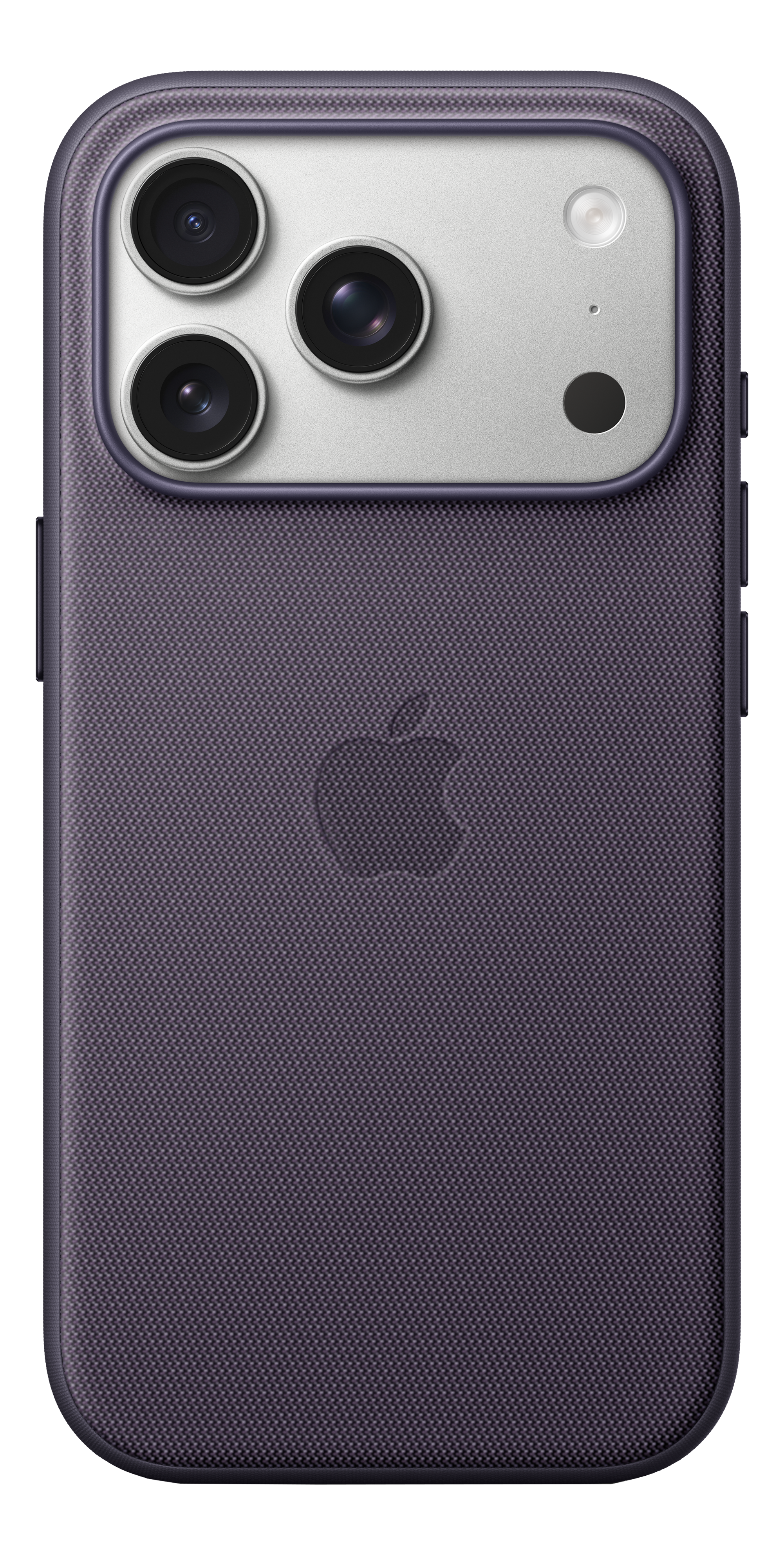 Eine dunkelviolette iPhone-Hülle mit drei Kameralinsen und dem Apple-Logo auf der Rückseite.