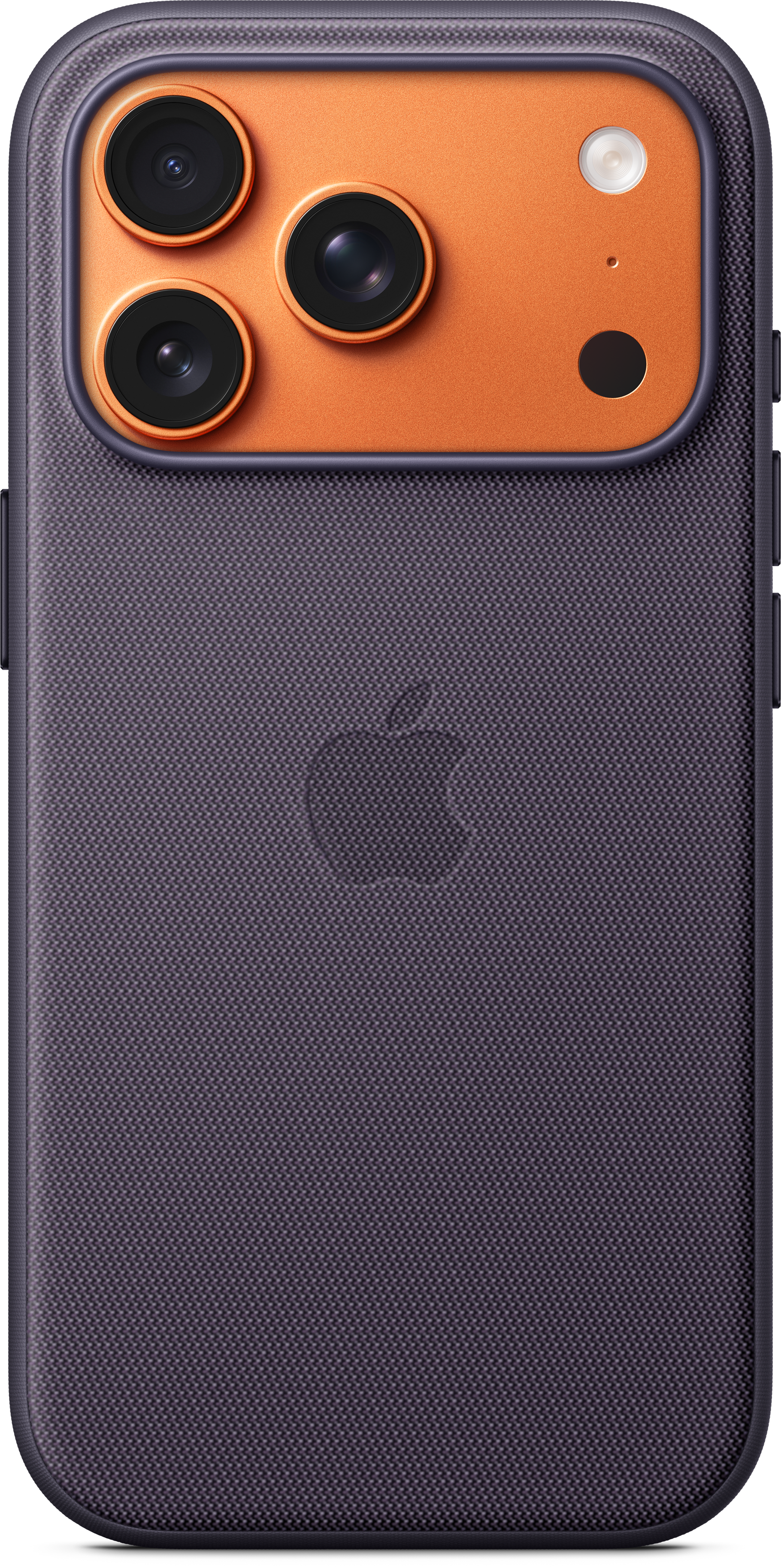 Eine Telefonrückseite mit drei Kameras, Blitz und Apple-Logo. Das Telefon hat eine violett strukturierte Rückseite und einen orangefarbenen Kamerabereich.