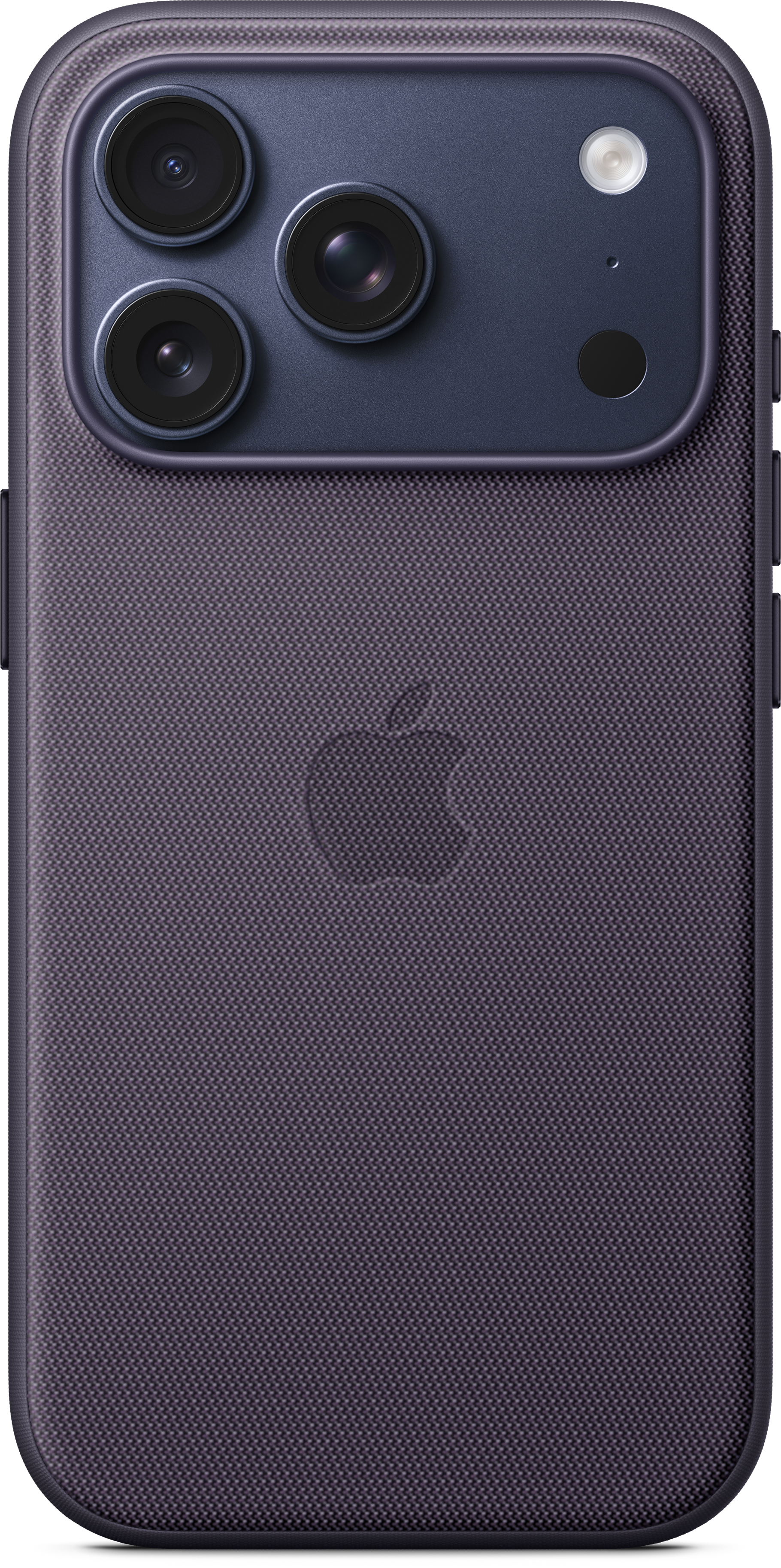 Rückseite eines dunkelvioletten iPhones. Es hat drei Kameralinsen, einen Blitz und ein Apple-Logo. Die Textur ist ein gewebtes Muster.