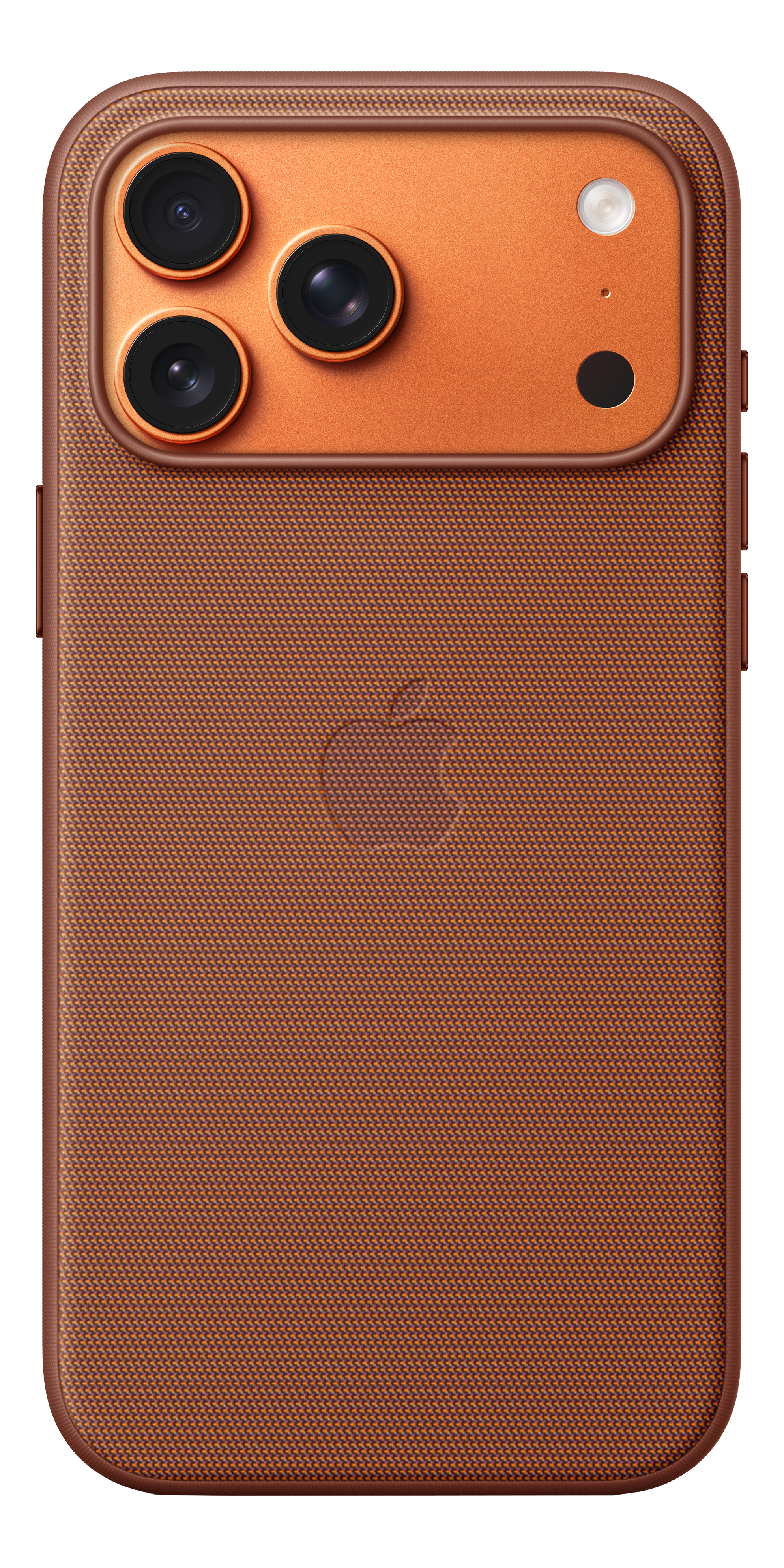 Braune Telefonrückseite mit drei Kameras, Blitz und Apple-Logo. Das Telefon hat eine strukturierte Oberfläche.