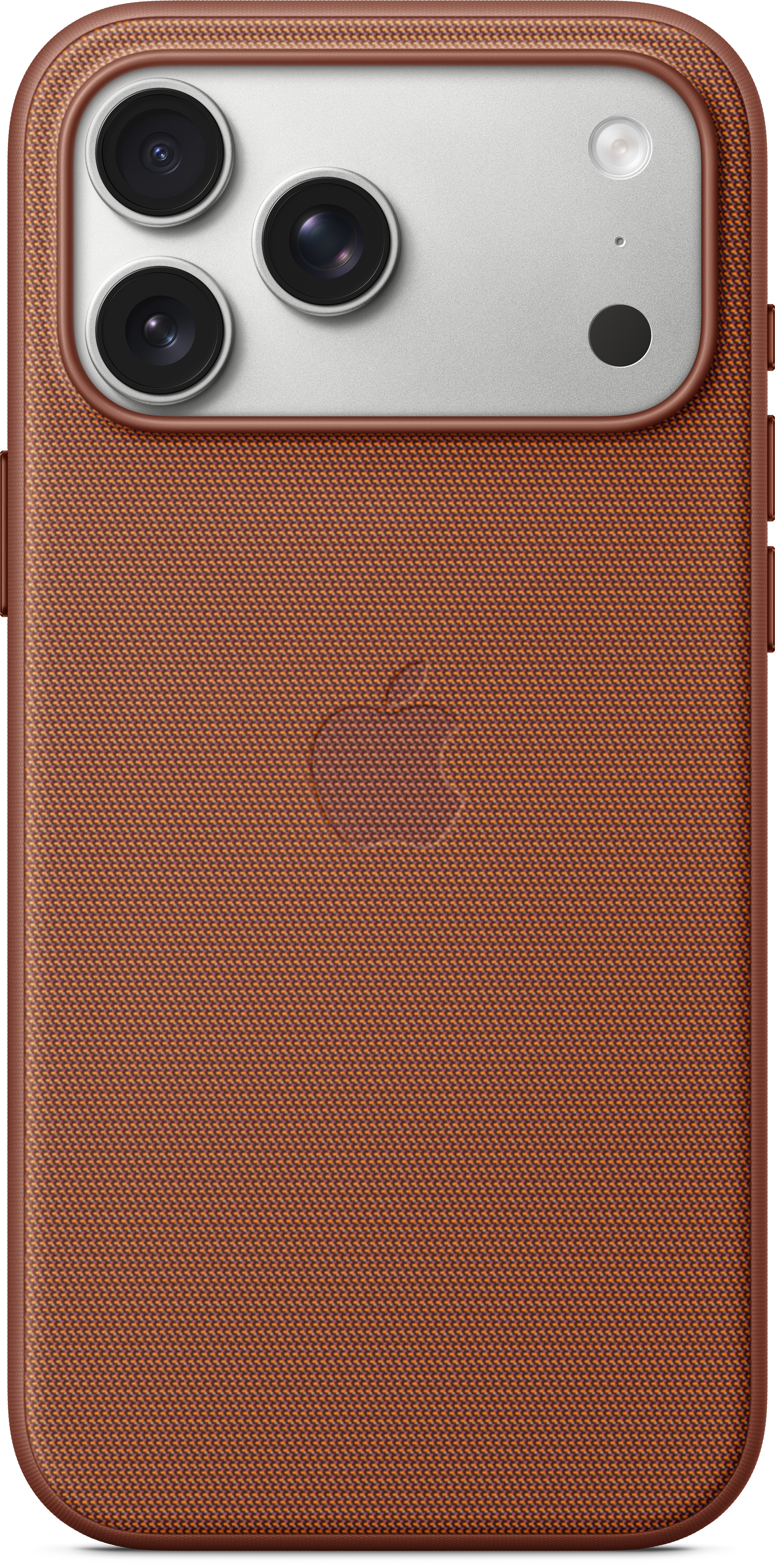 Nahaufnahme einer Handyhülle mit strukturierter brauner Rückseite und Kamerafeld. Auf der Rückseite ist ein Apple-Logo zu sehen.
