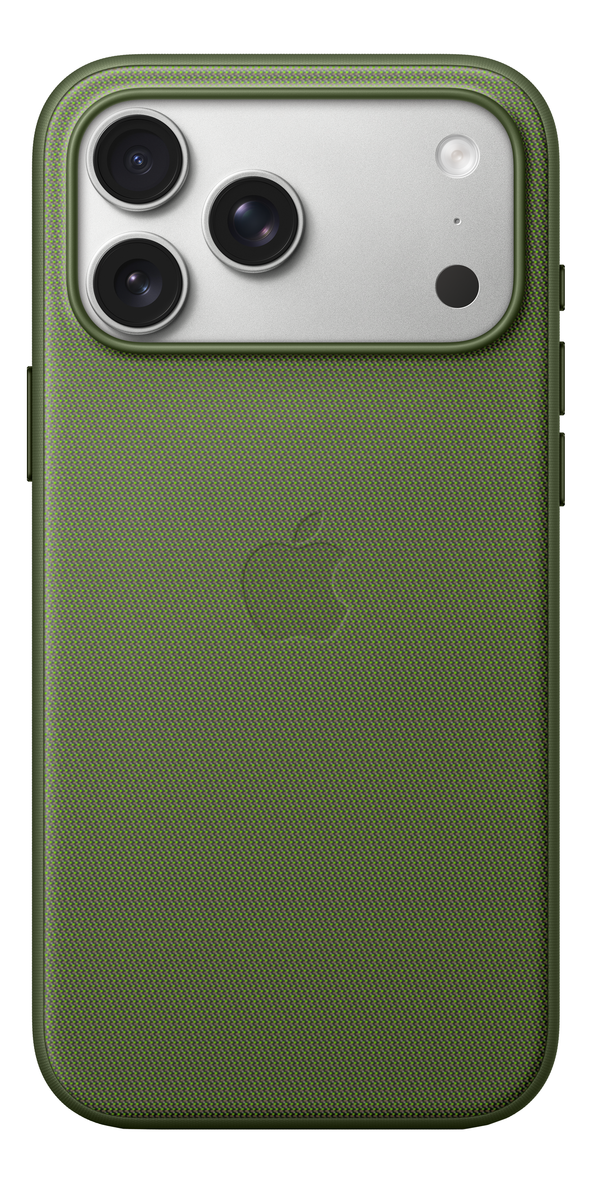 Coque verte pour iPhone avec objectifs, flash et logo Apple. Motif texturé. Zone caméra argentée.