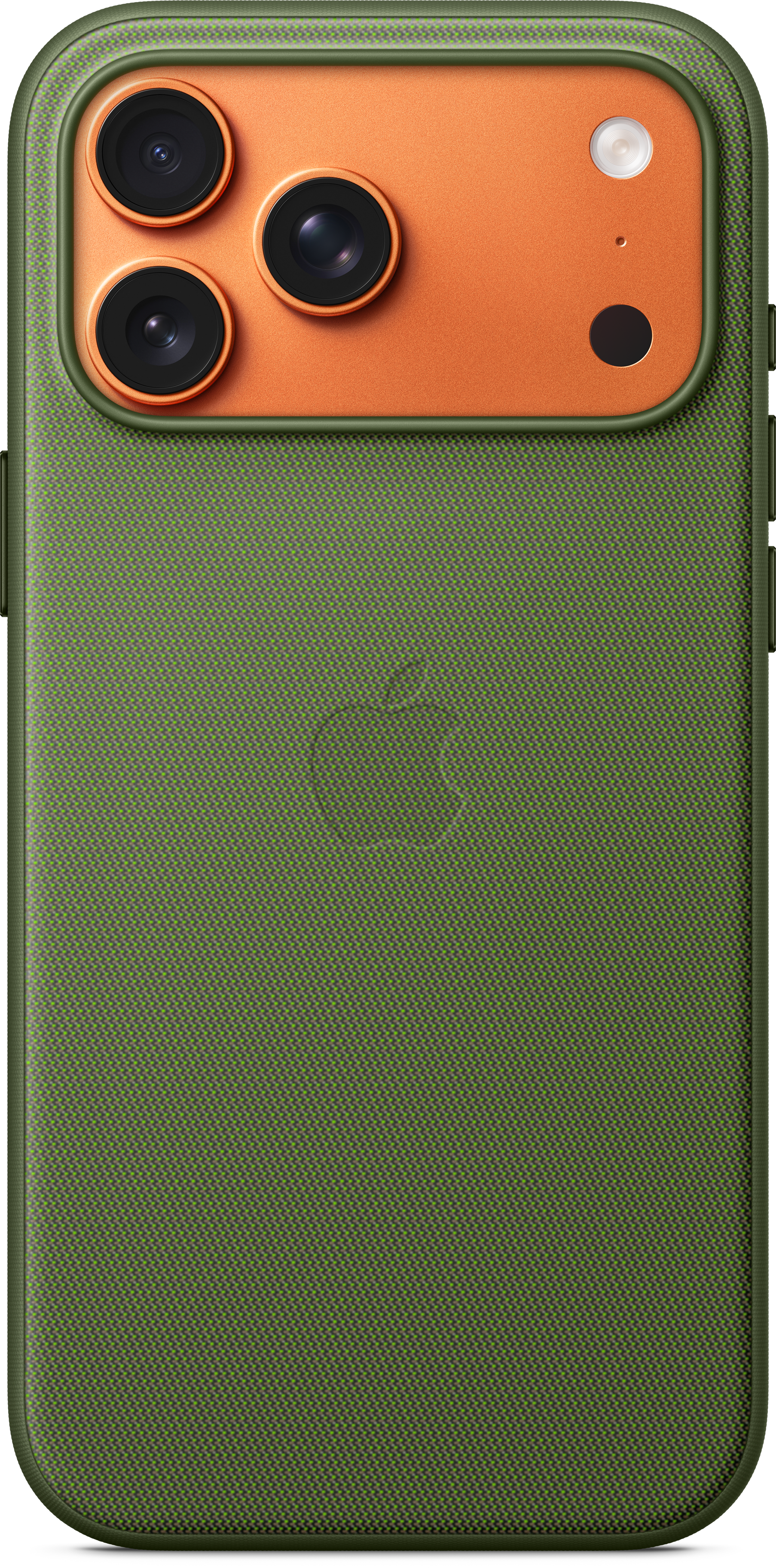 Coque de téléphone verte avec section caméra orange. Comprend trois lentilles, un flash et un logo Apple.