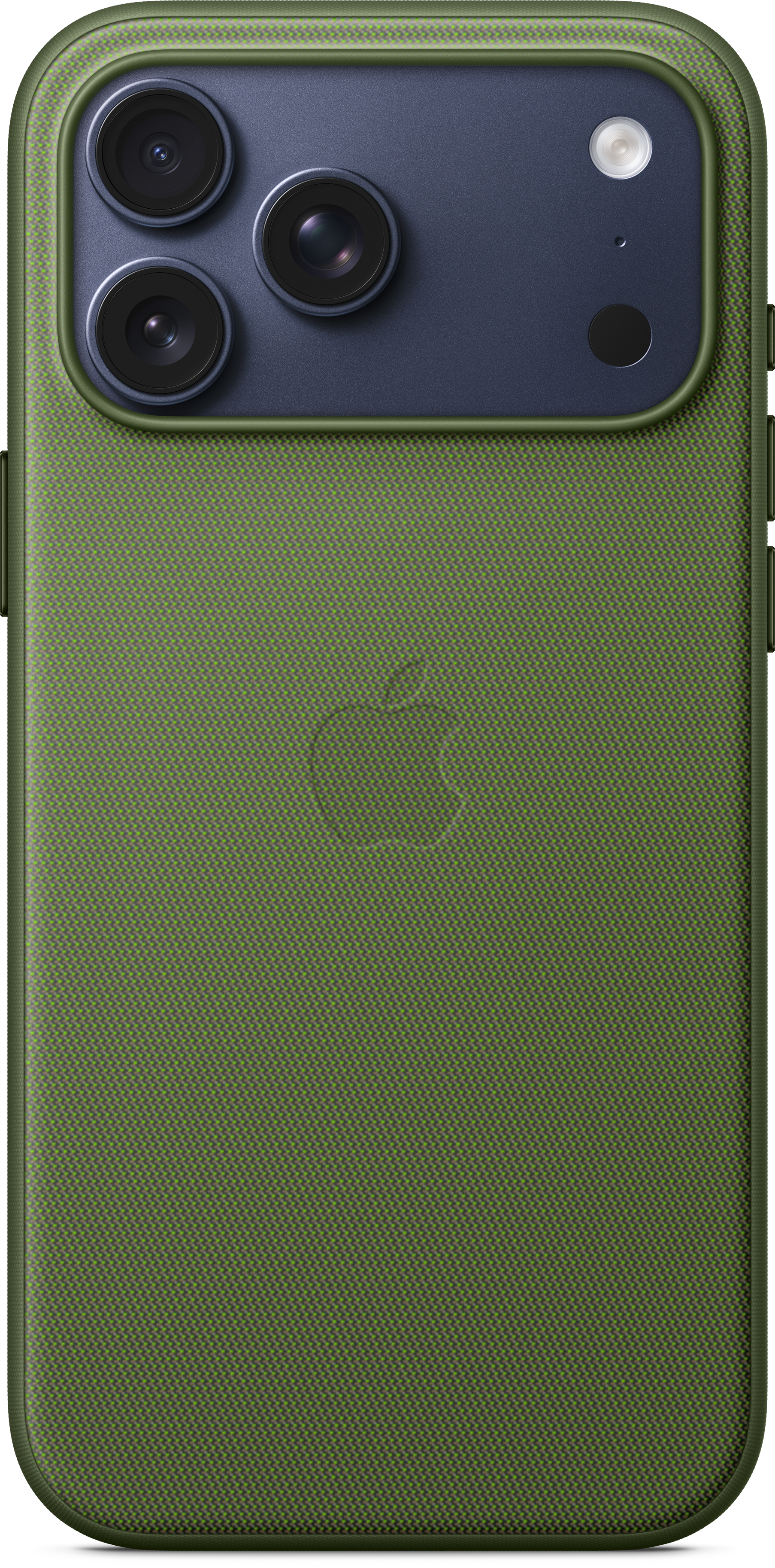 Coque de téléphone verte avec logo Apple. Zone caméra bleu foncé avec trois lentilles et flash. Dos texturé vert olive.