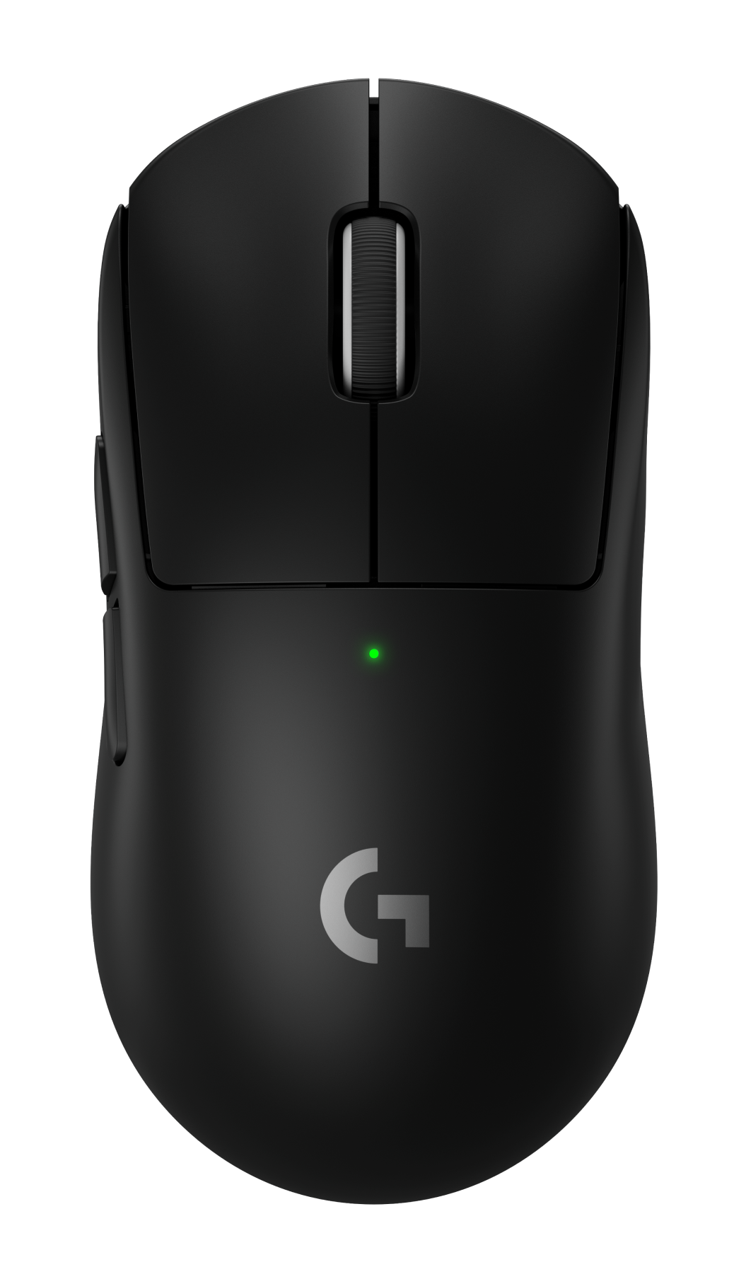 Czarna mysz komputerowa z kółkiem przewijania, przyciskami i logo. Ma zielone światło i jest na czarnym tle.