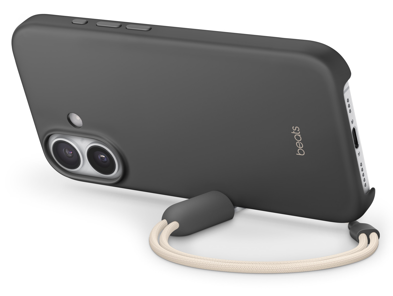 Czarny futerał na telefon z logo 'beats'. Ma pasek i dwa obiektywy aparatu. Tło jest białe.