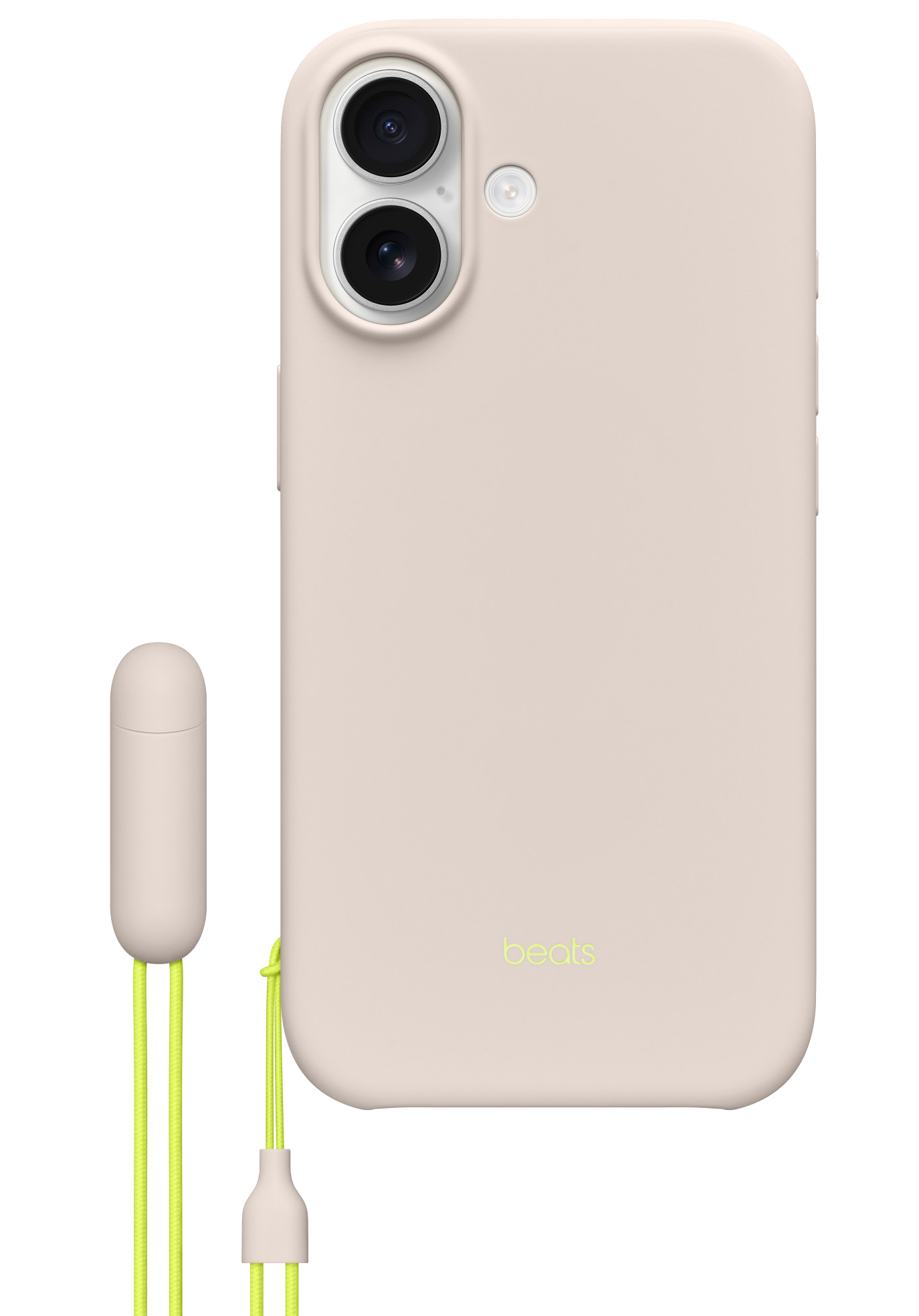 Jasnoróżowy telefon z pasującym etui i limonkowym logo Beats. Obok znajduje się biało-zielony paskowany kabel ładujący.