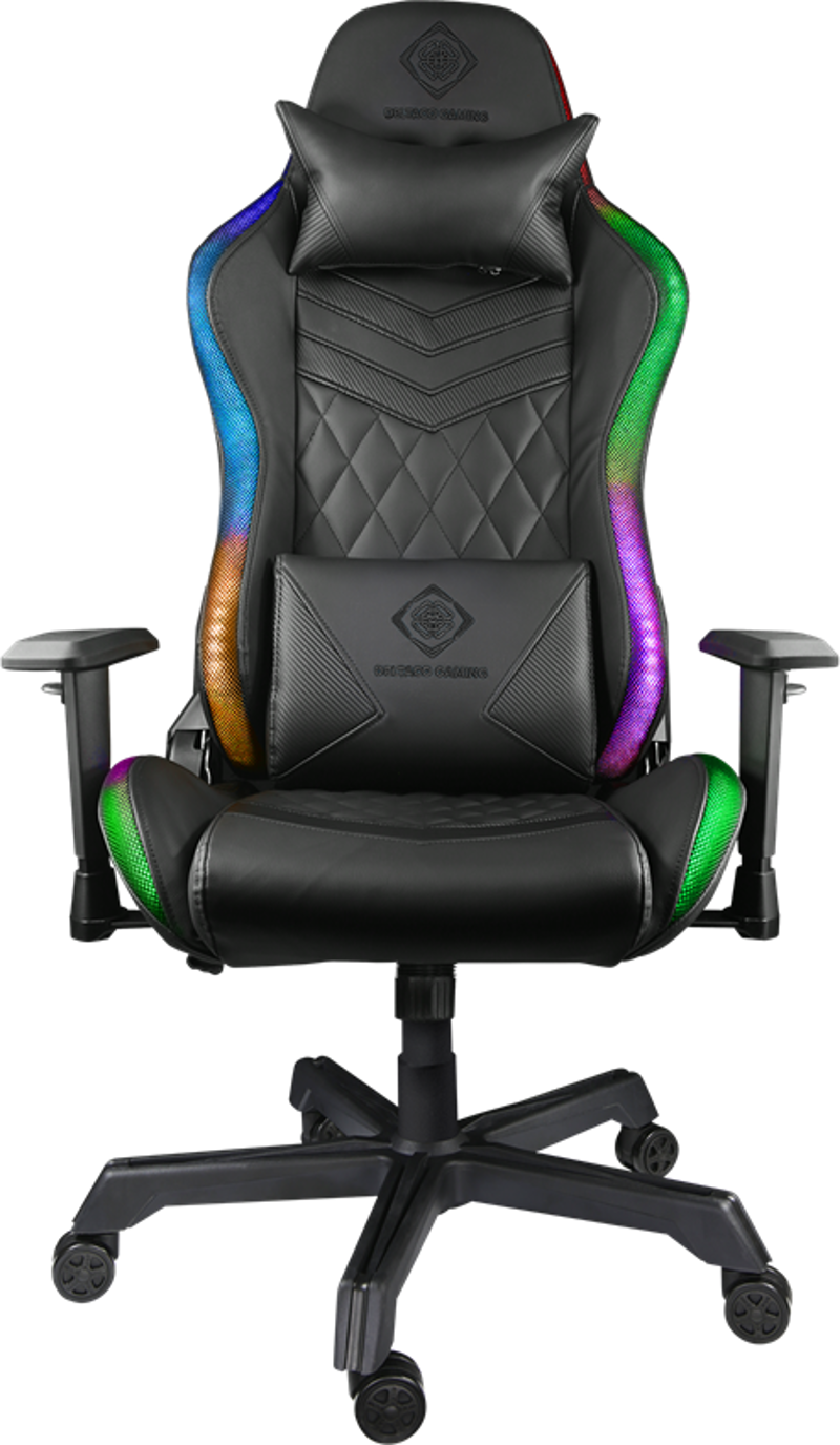 Sedia da gaming nera con dettagli LED arcobaleno. Include poggiatesta, cuscino lombare, braccioli e base a cinque stelle con ruote.