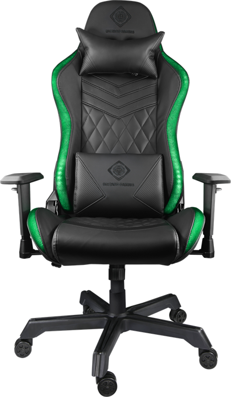 Una sedia da gaming nera e verde. Ha un poggiatesta, supporto lombare, braccioli e base a cinque stelle con ruote.