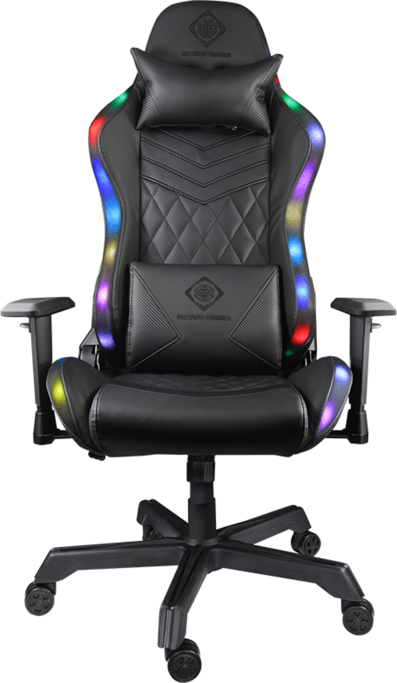 Sedia da gaming nera con luci a LED. Dispone di poggiatesta, supporto lombare, braccioli e base a cinque ruote. Motivo a diamante sullo schienale.