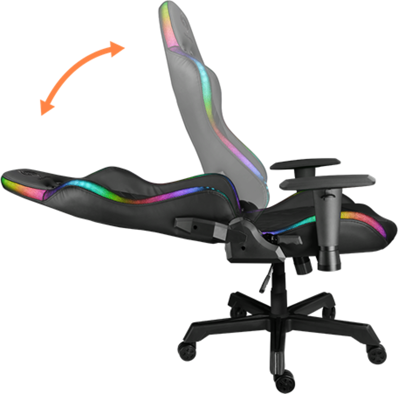 Sedia da gaming con seduta e schienale neri, luci LED arcobaleno, braccioli regolabili e ruote. Lo schienale è reclinato.