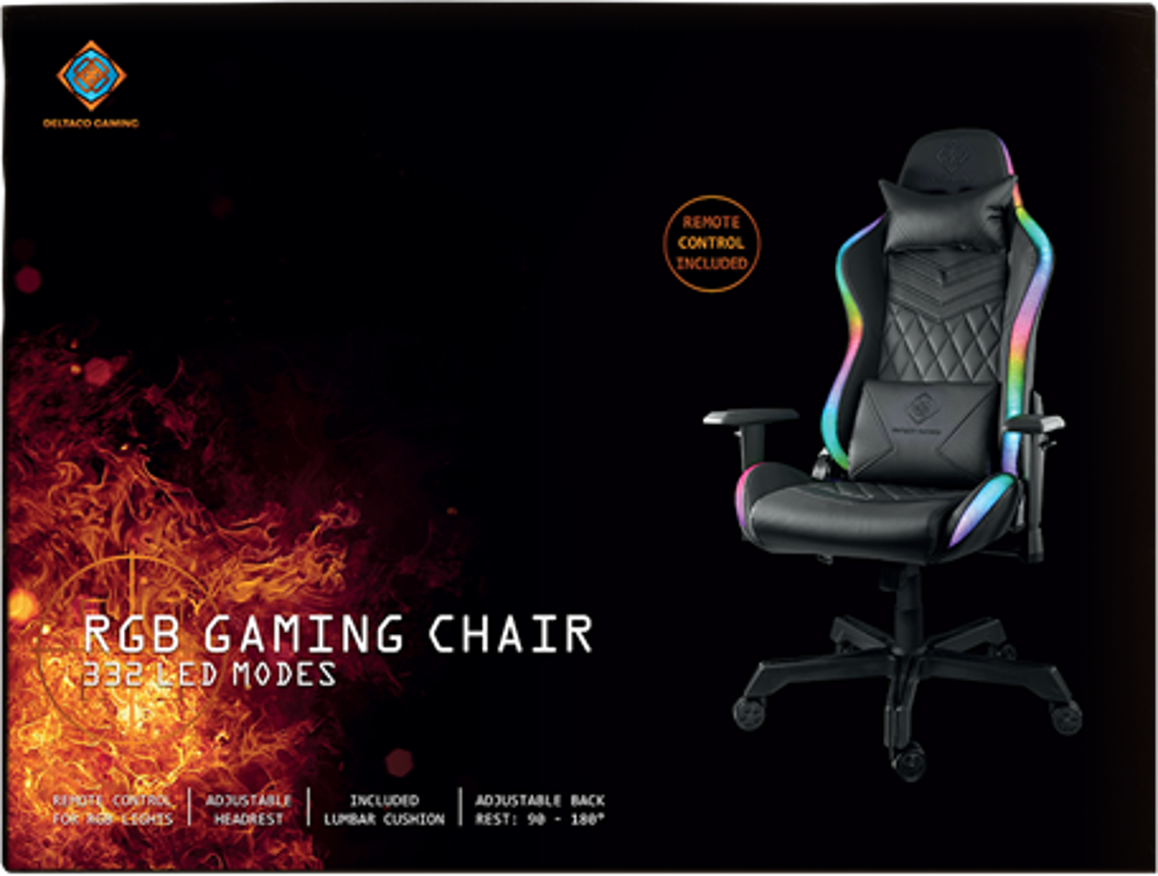Una sedia da gaming nera con luci RGB è visualizzata su sfondo nero. Il testo indica le caratteristiche e il logo del marchio è in alto a sinistra.