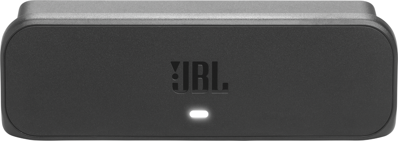 Un appareil JBL noir avec le logo JBL et une lumière blanche. Il a une forme rectangulaire arrondie.