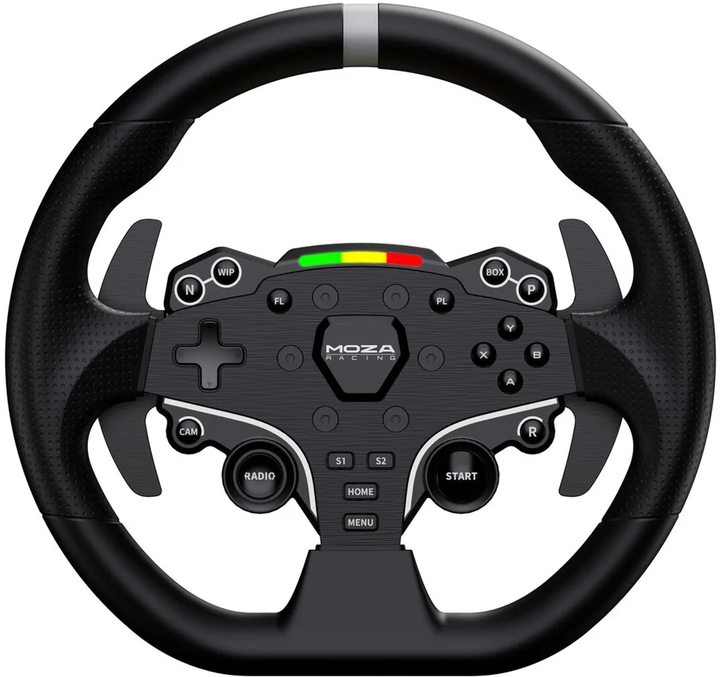 Ein schwarzes Moza Racing Lenkrad mit Knöpfen und Paddles. Es hat einen grauen Streifen oben und eine Farbanzeige.