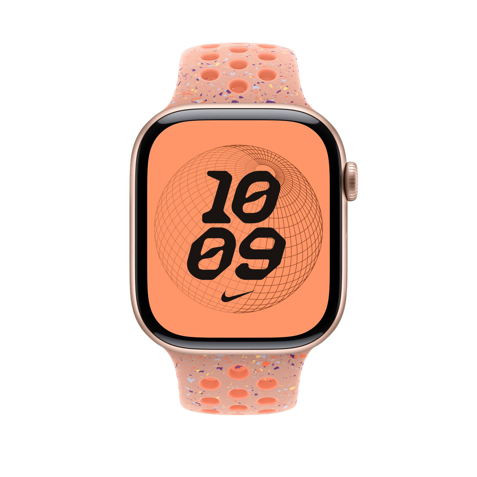 Apple Watch mit Pfirsichband. Der Bildschirm zeigt 10:09 mit einem Nike-Logo.