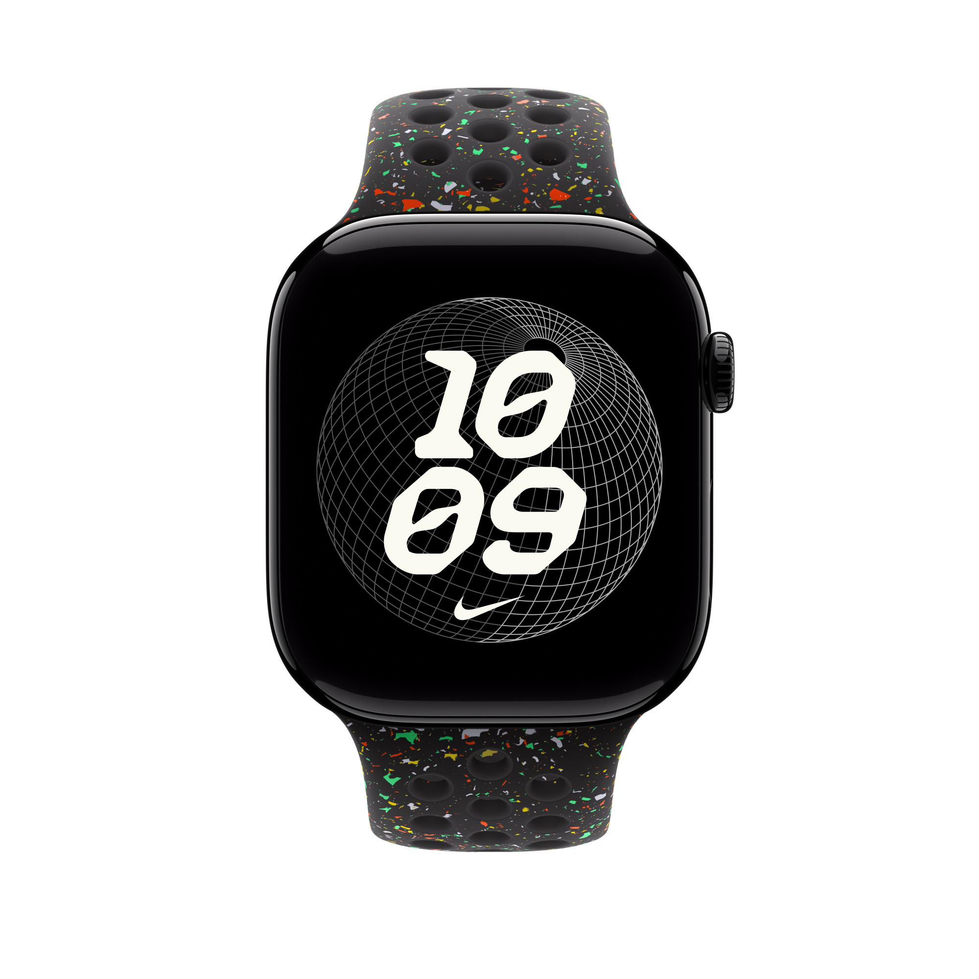 Eine schwarze Apple Watch mit einem Nike-Armband. Das Zifferblatt zeigt 10:09 an. Das Band ist schwarz mit bunten Sprenkeln.