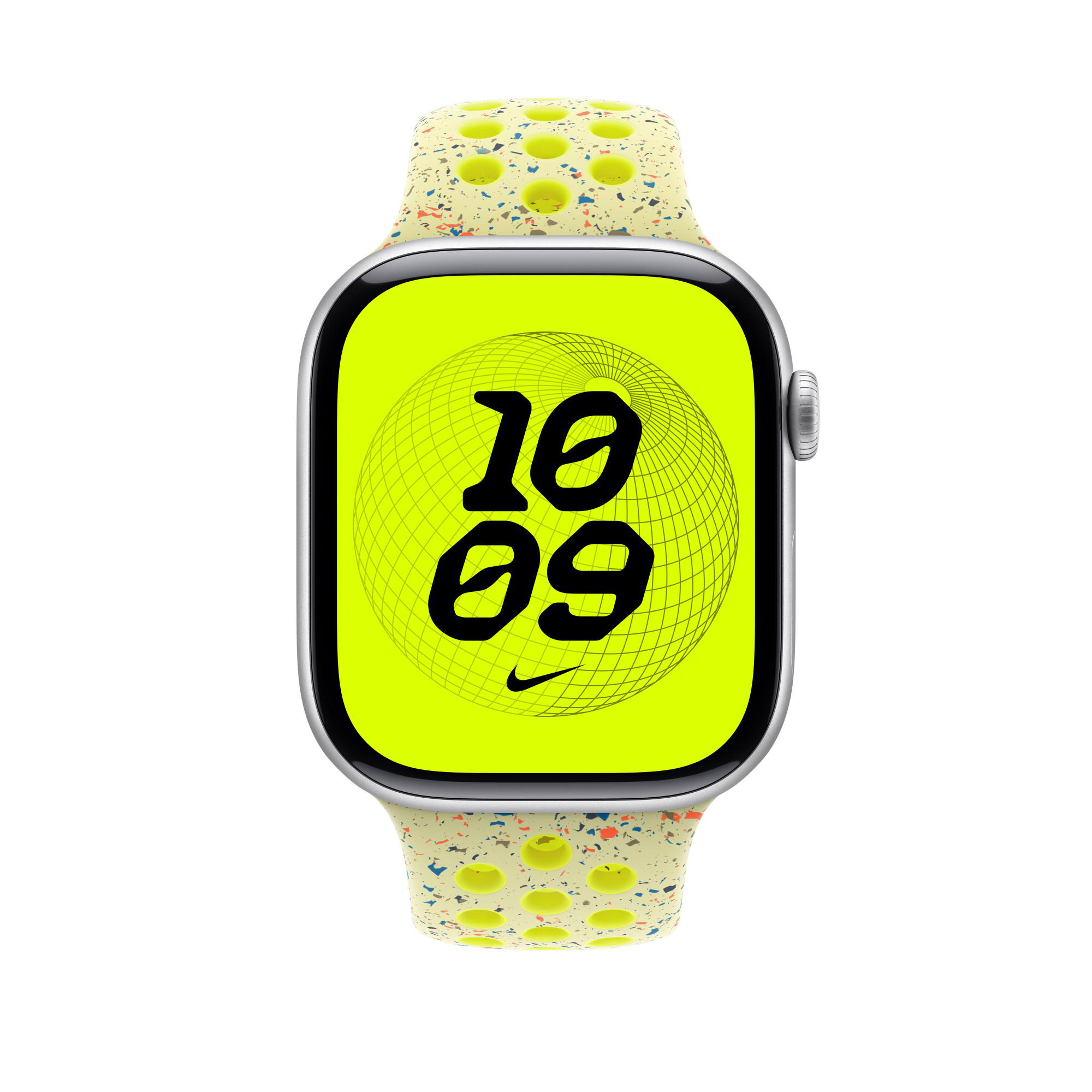 Apple Watch mit neongelbem Bildschirm, der die Uhrzeit und das Nike-Logo anzeigt. Das Armband ist gesprenkelt gelb.
