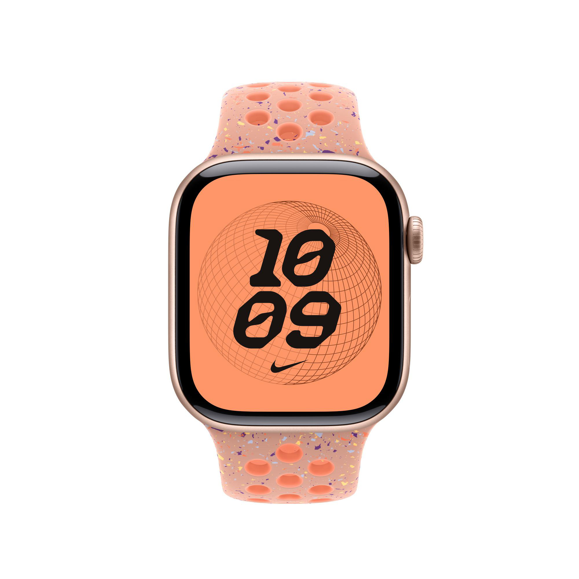 Eine goldene Apple Watch mit einem gesprenkelten Pfirsichband. Das Zifferblatt zeigt 10:09 in einem Globusdesign mit Nike-Logo.