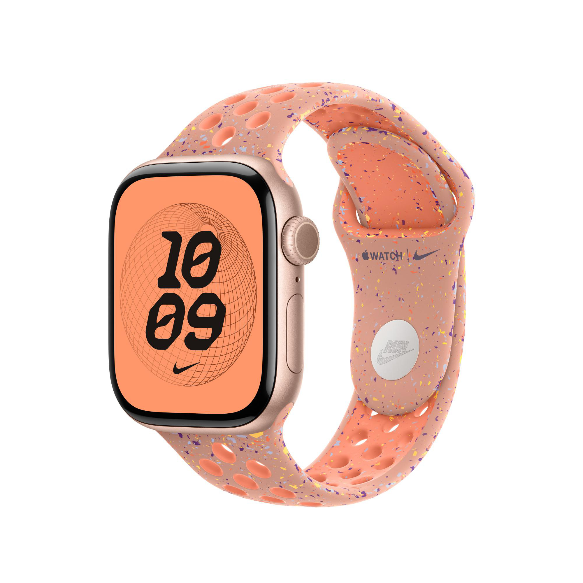 Eine Apple Watch mit einem pfirsichfarbenen Armband. Das Zifferblatt zeigt die Uhrzeit 10:09. Das Armband hat ein Nike-Logo.