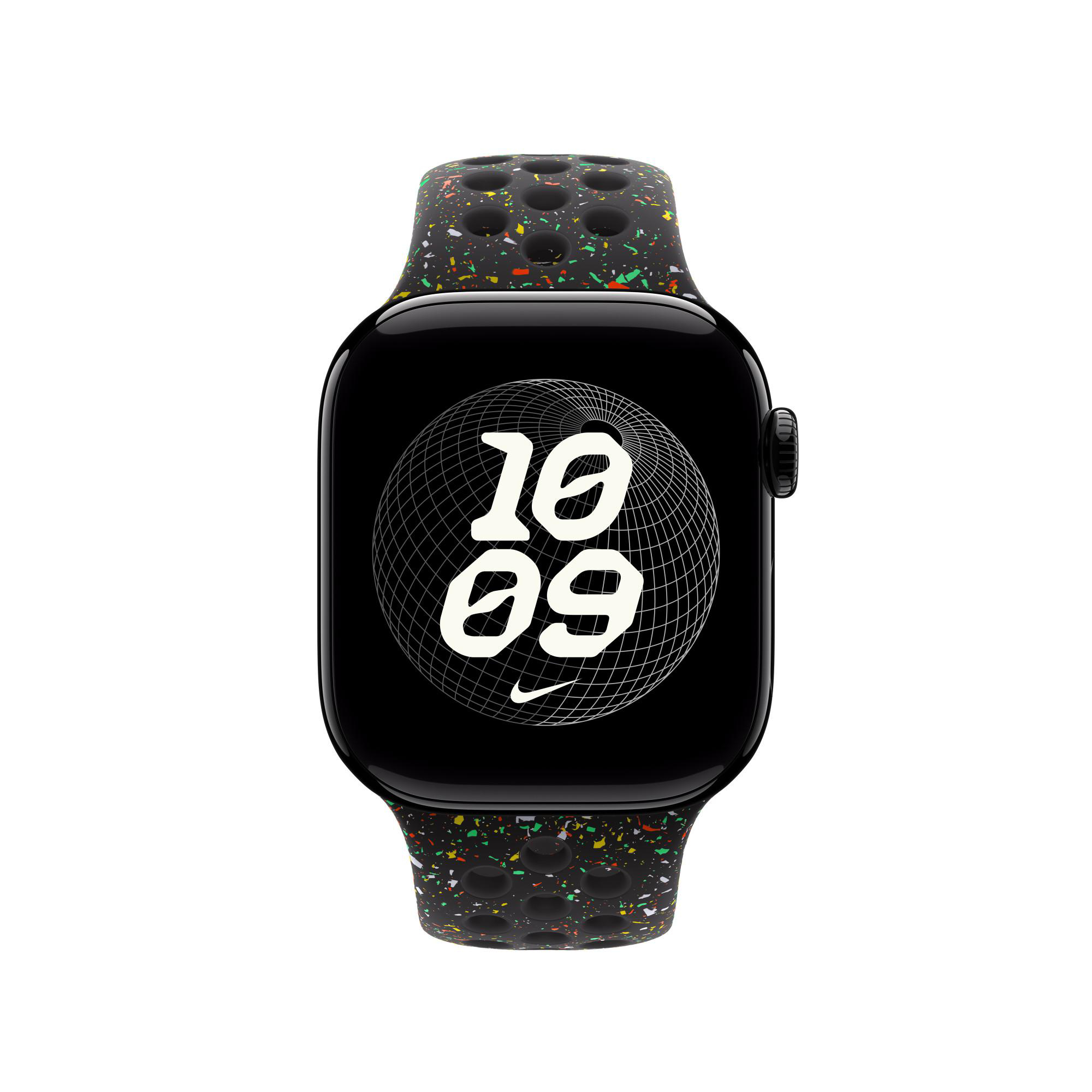 Schwarze Apple Watch mit Nike-Armband. Das Armband ist schwarz mit bunten Sprenkeln. Das Zifferblatt zeigt die Uhrzeit 10:09.