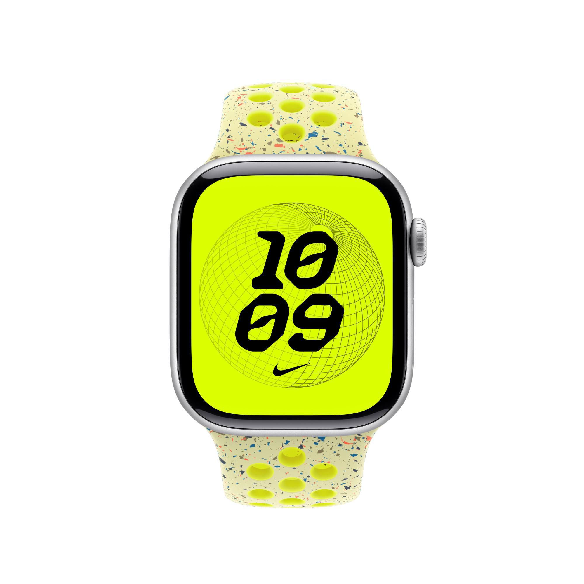 Eine Nike Apple Watch. Sie zeigt 10:09 auf einem neongrünen Bildschirm. Das Armband ist gelb mit bunten Flecken.