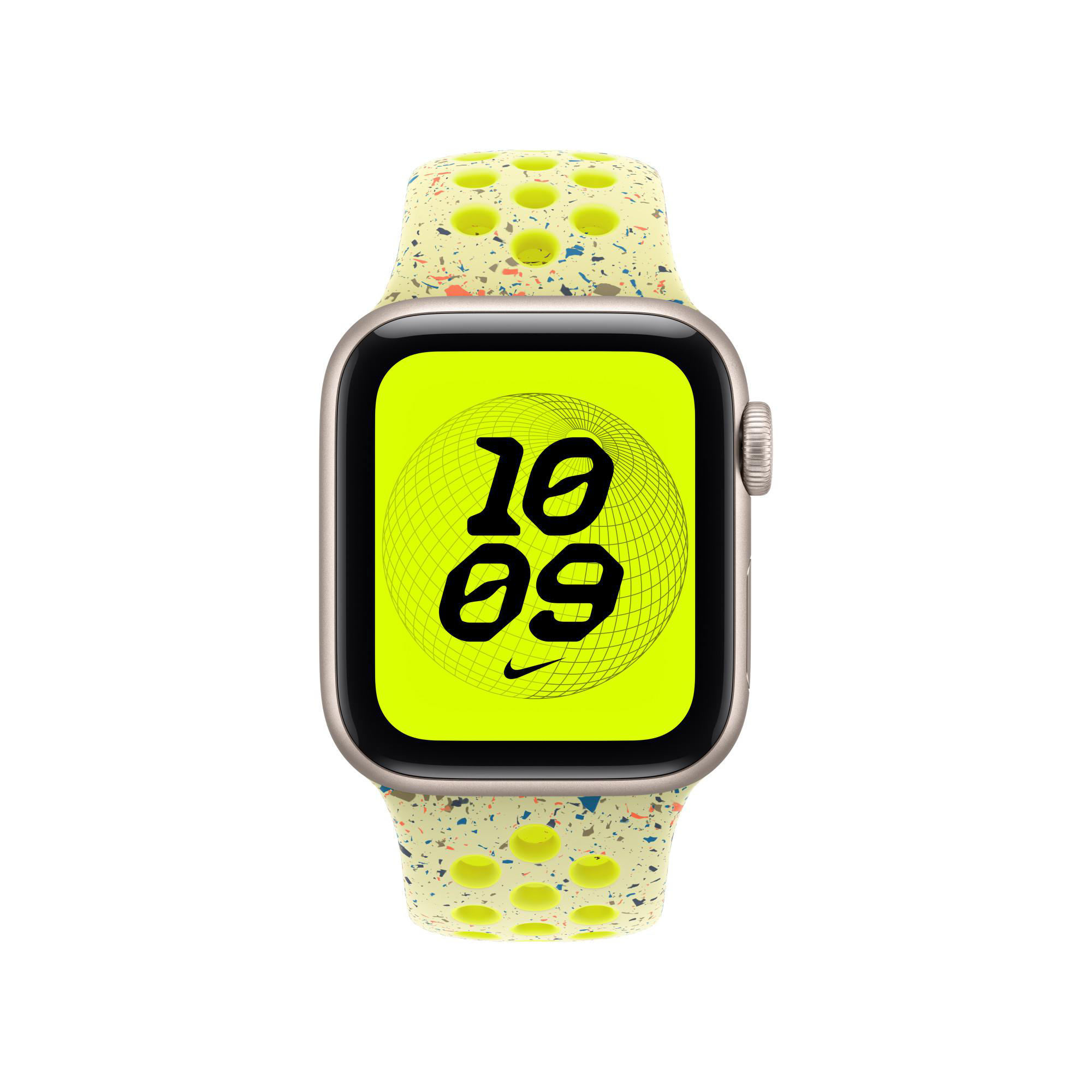 Apple Watch mit einem limettengrünen Bildschirm, der 10:09 anzeigt, mit einem gesprenkelten gelben Band. Die Uhr hat ein silbernes Gehäuse.