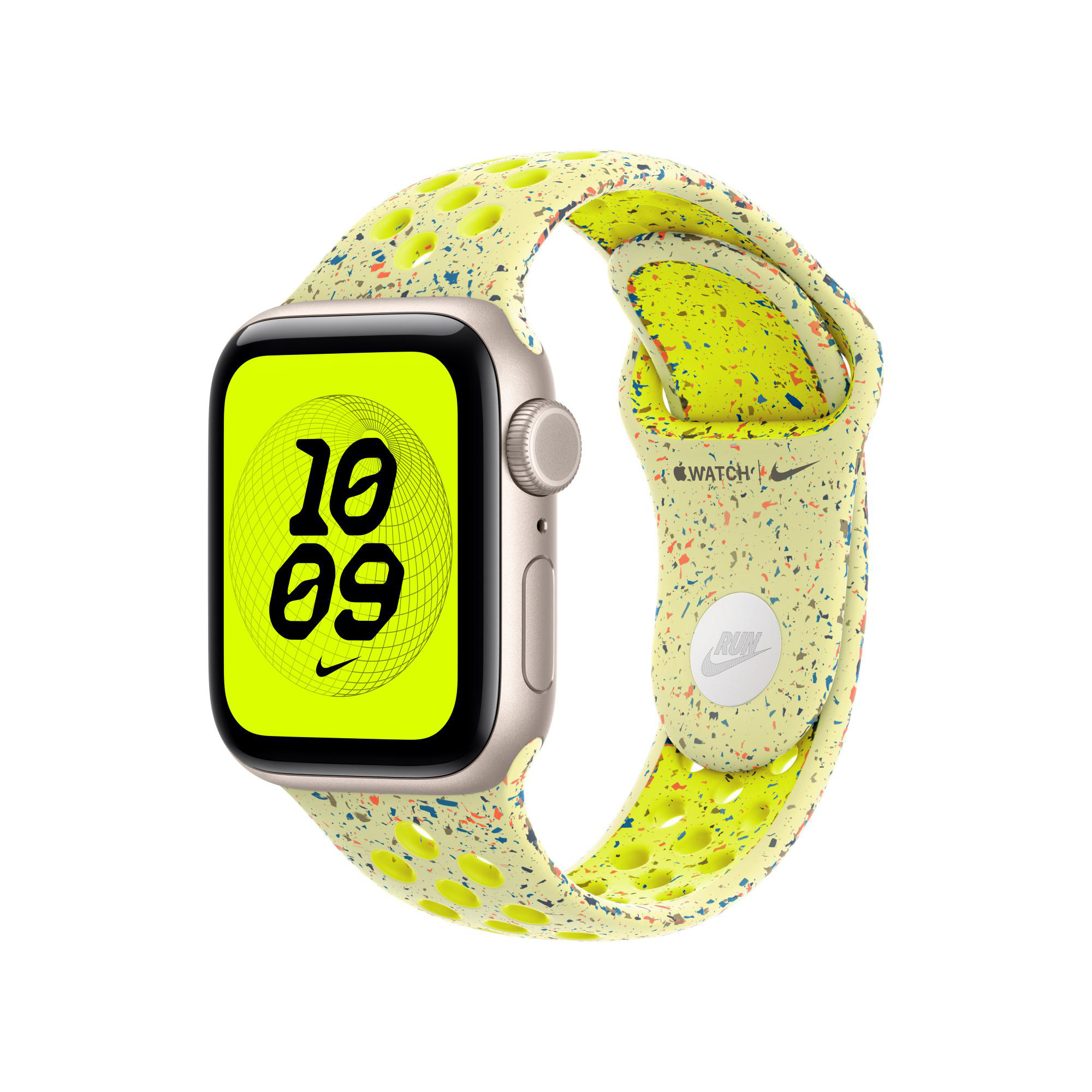 Apple Watch Nike mit gelbem Armband. Das Zifferblatt zeigt die Uhrzeit 10:09. Das Armband hat mehrfarbige Sprenkel und das Nike-Logo.