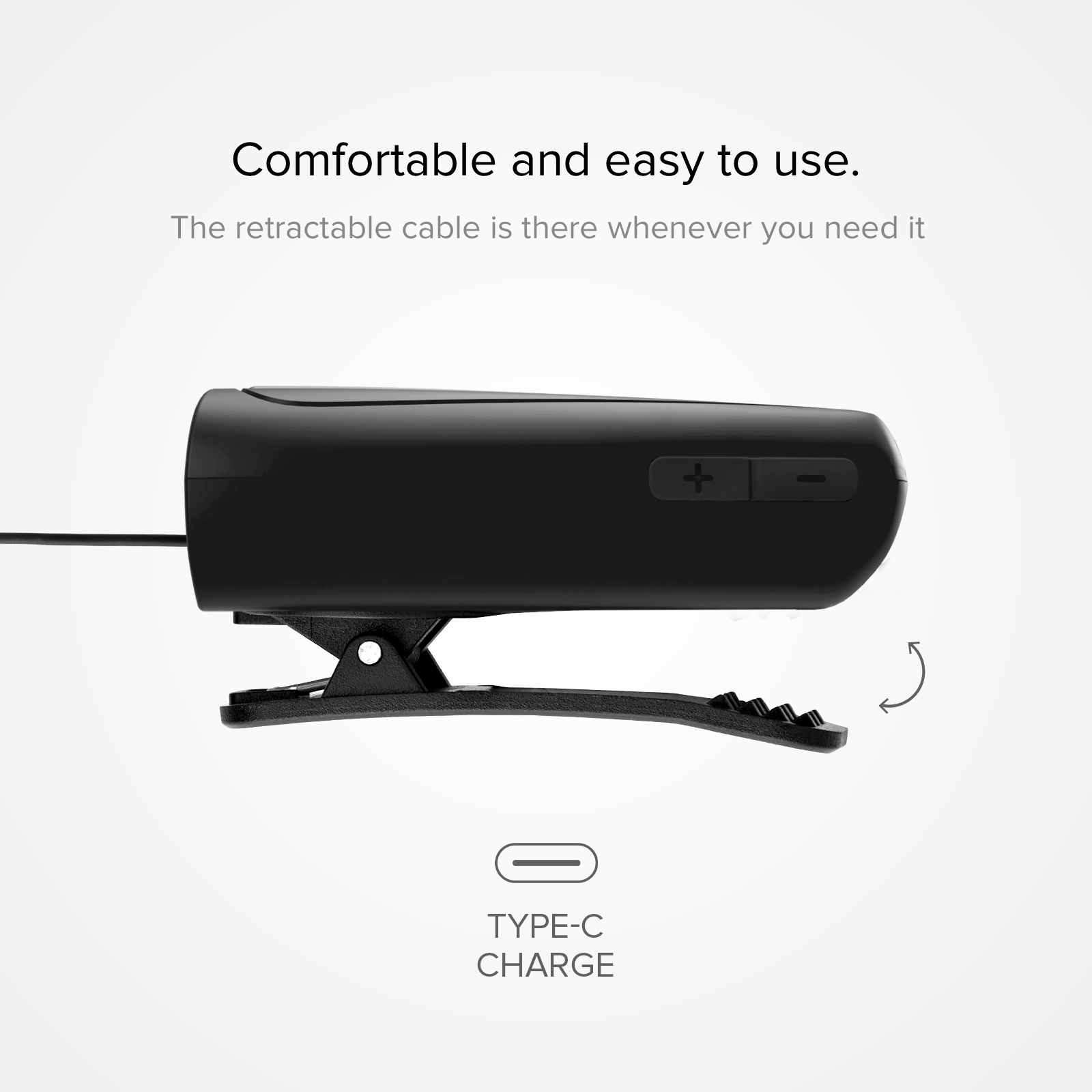 Ein schwarzes Gerät mit Clip, Plus- und Minustasten und einem einziehbaren Kabel. Unten steht TYPE-C CHARGE.