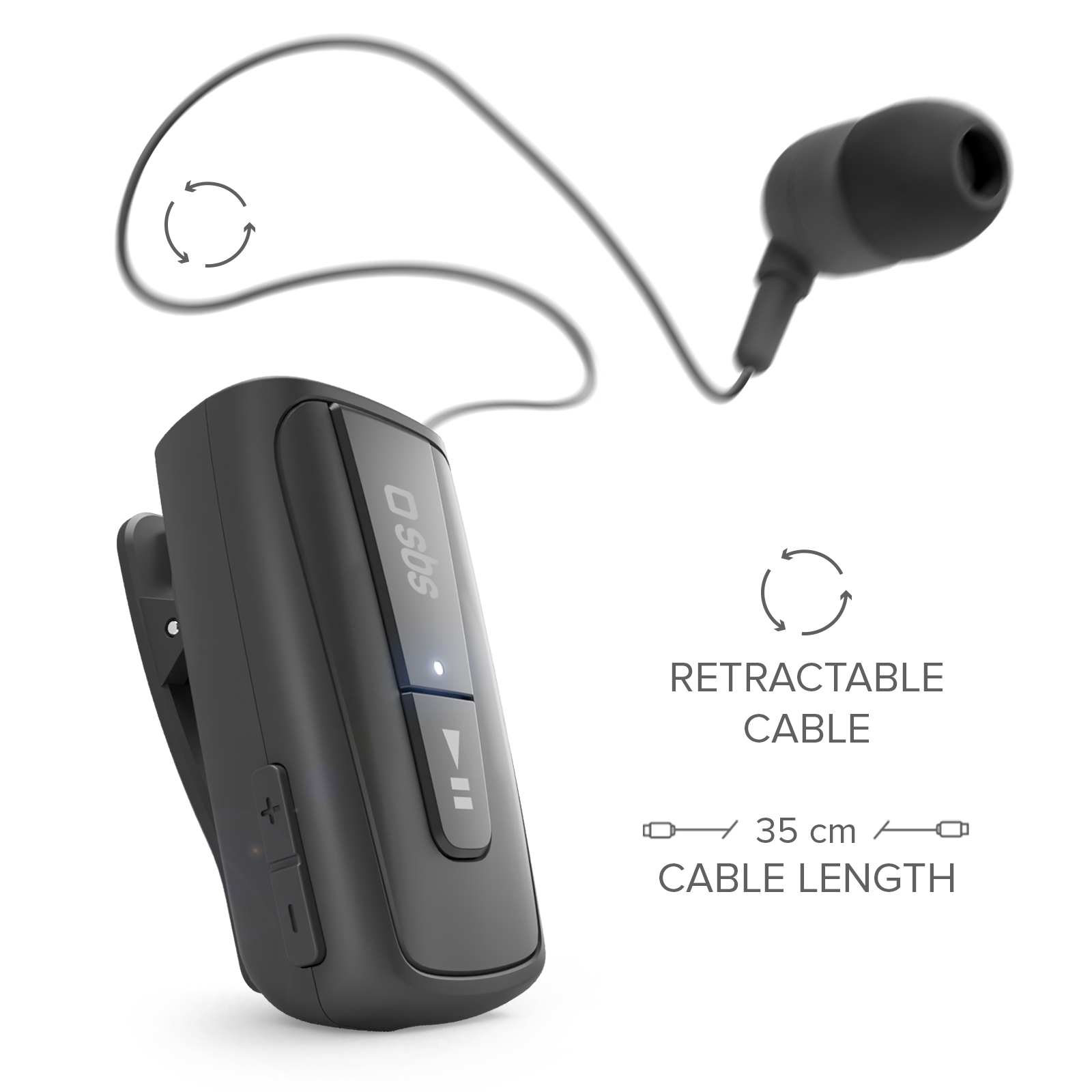 Schwarzer Ohrhörer mit ausziehbarem Kabel, verbunden mit einem schwarzen Clip-On-Gerät. Kabellänge 35 cm.