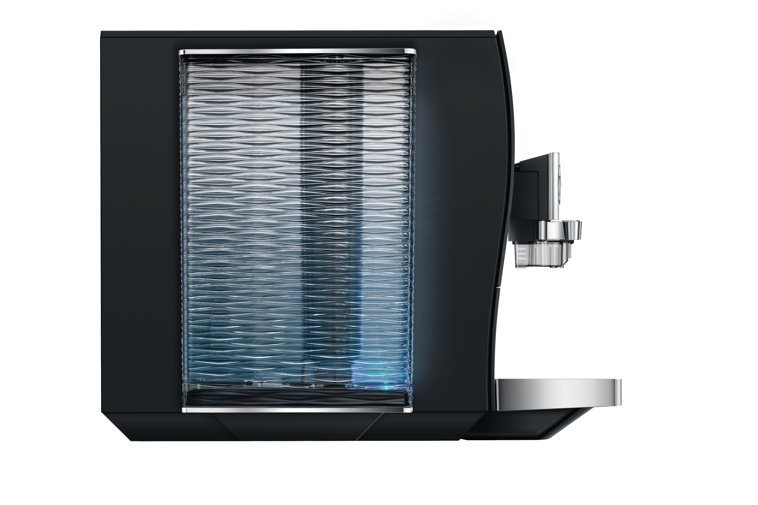 Eine schwarz-silberne Espressomaschine. Sie hat einen Wassertank mit wellenförmigem Design. Die Maschine befindet sich auf weißem Hintergrund.