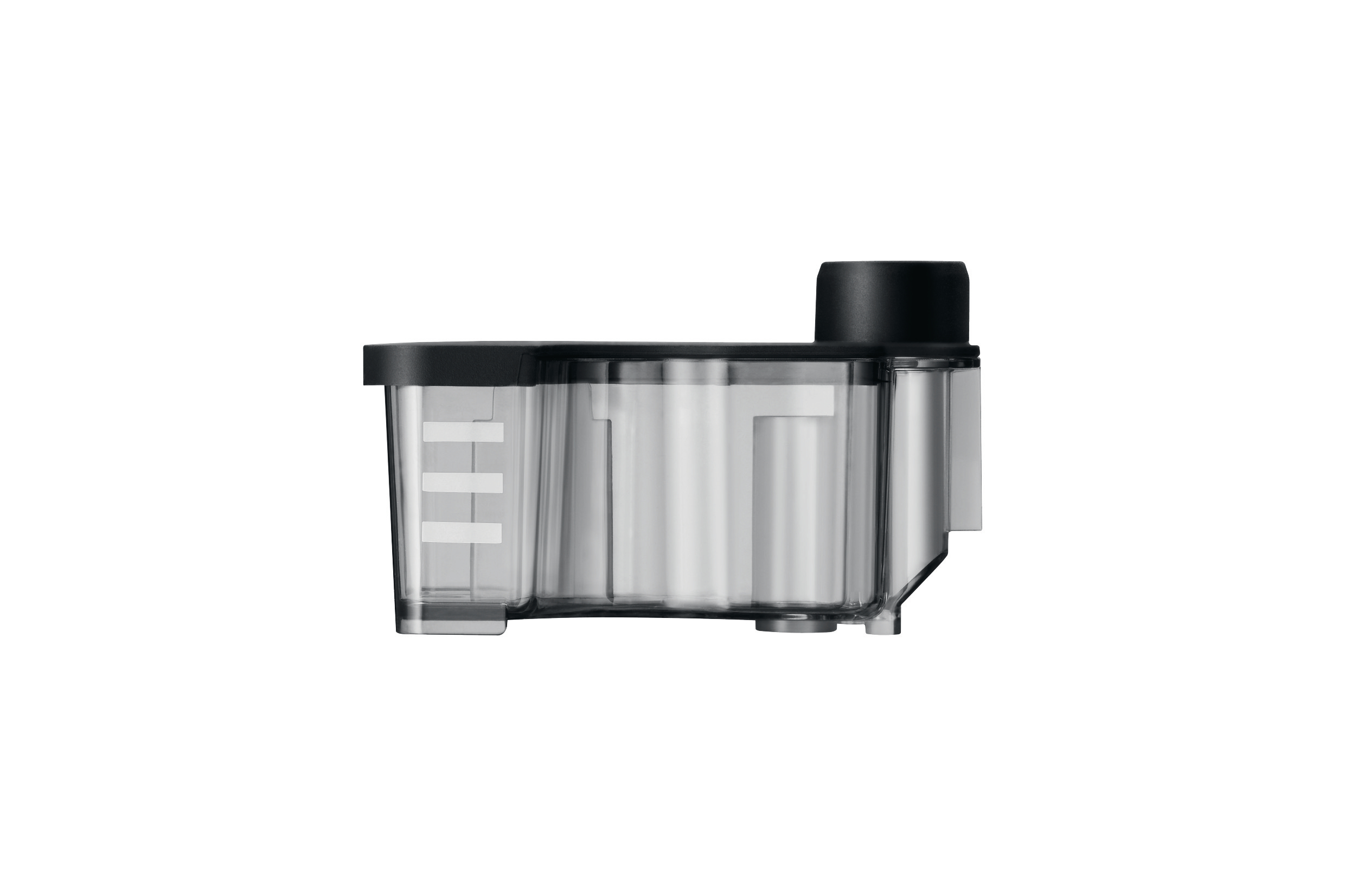 Ein transparenter Wasserbehälter mit schwarzem Deckel und einem kleineren schwarzen zylindrischen Element oben. Weißer Hintergrund.