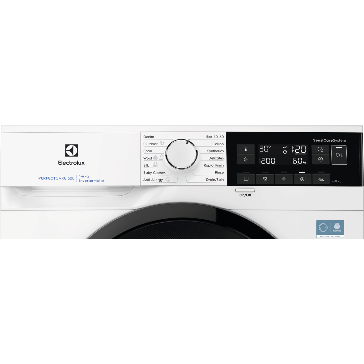 Egy fehér Electrolux mosógép vezérlőpanelje látható. Van rajta tárcsa, digitális kijelző és több gomb a programválasztáshoz.