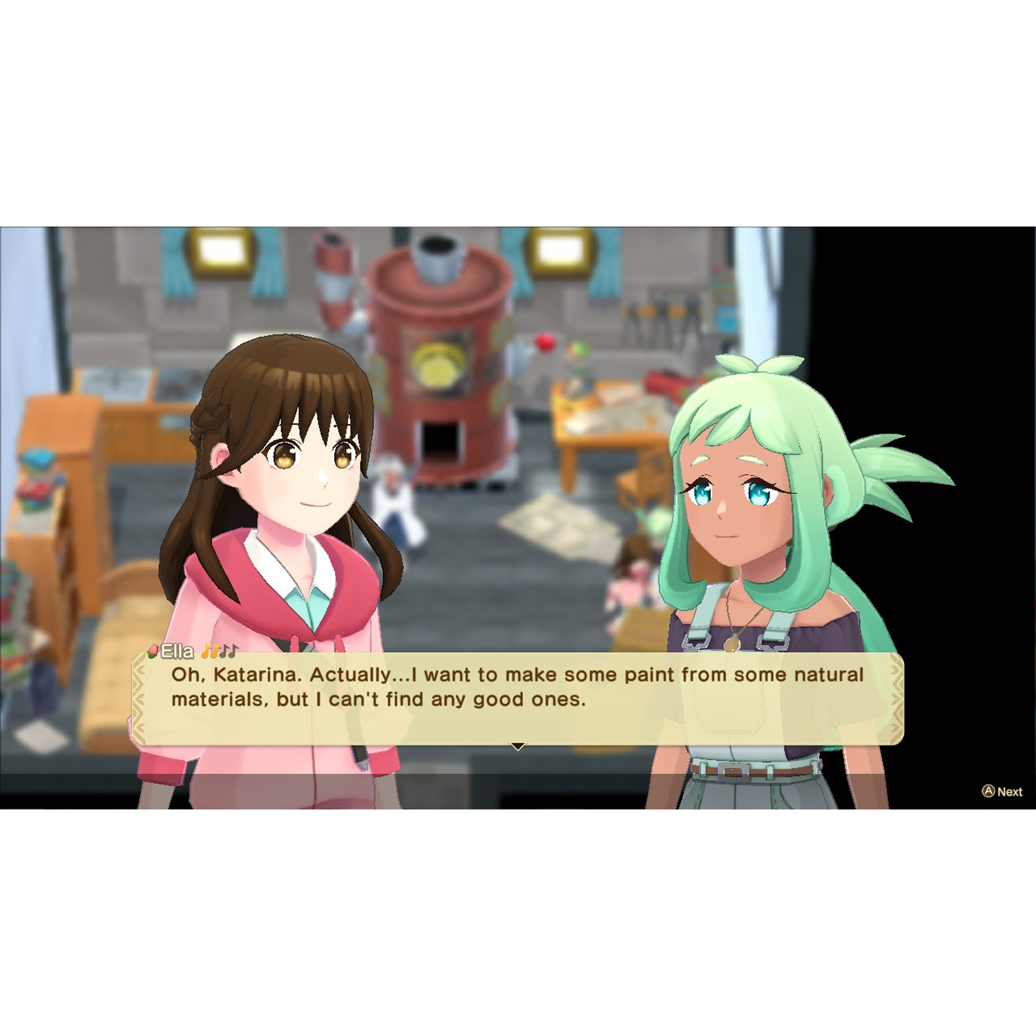 Twee vrouwen in anime-stijl in een kamer, een met bruin haar en een roze jas, de ander met groen haar. Tekstballon met dialoog.