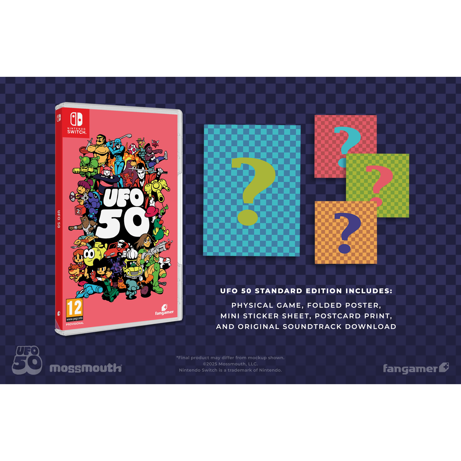 Boîte de jeu UFO 50, avec des personnages colorés. Cartes point d'interrogation sur fond bleu à carreaux. Inclut jeu, affiche, autocollant, etc.