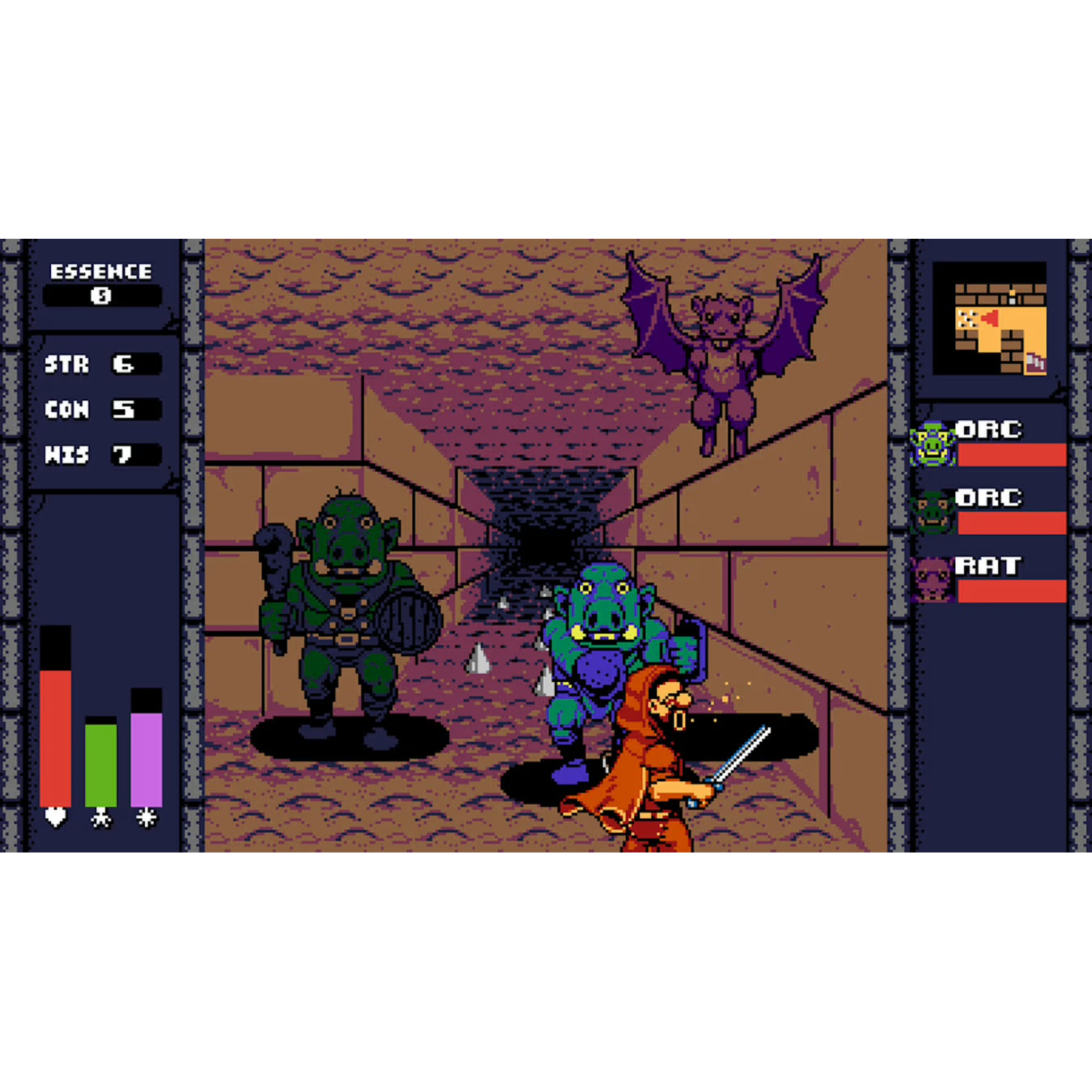 Une scène de jeu pixélisée. Trois monstres et une figure encapuchonnée se font face dans un donjon. La santé et les statistiques apparaissent sur les côtés.