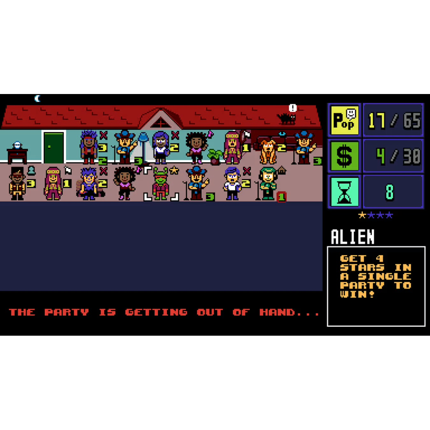 Scène de jeu en pixel art. Personnages à une fête. Le texte dit : "La fête dégénère". Interface de jeu à droite.