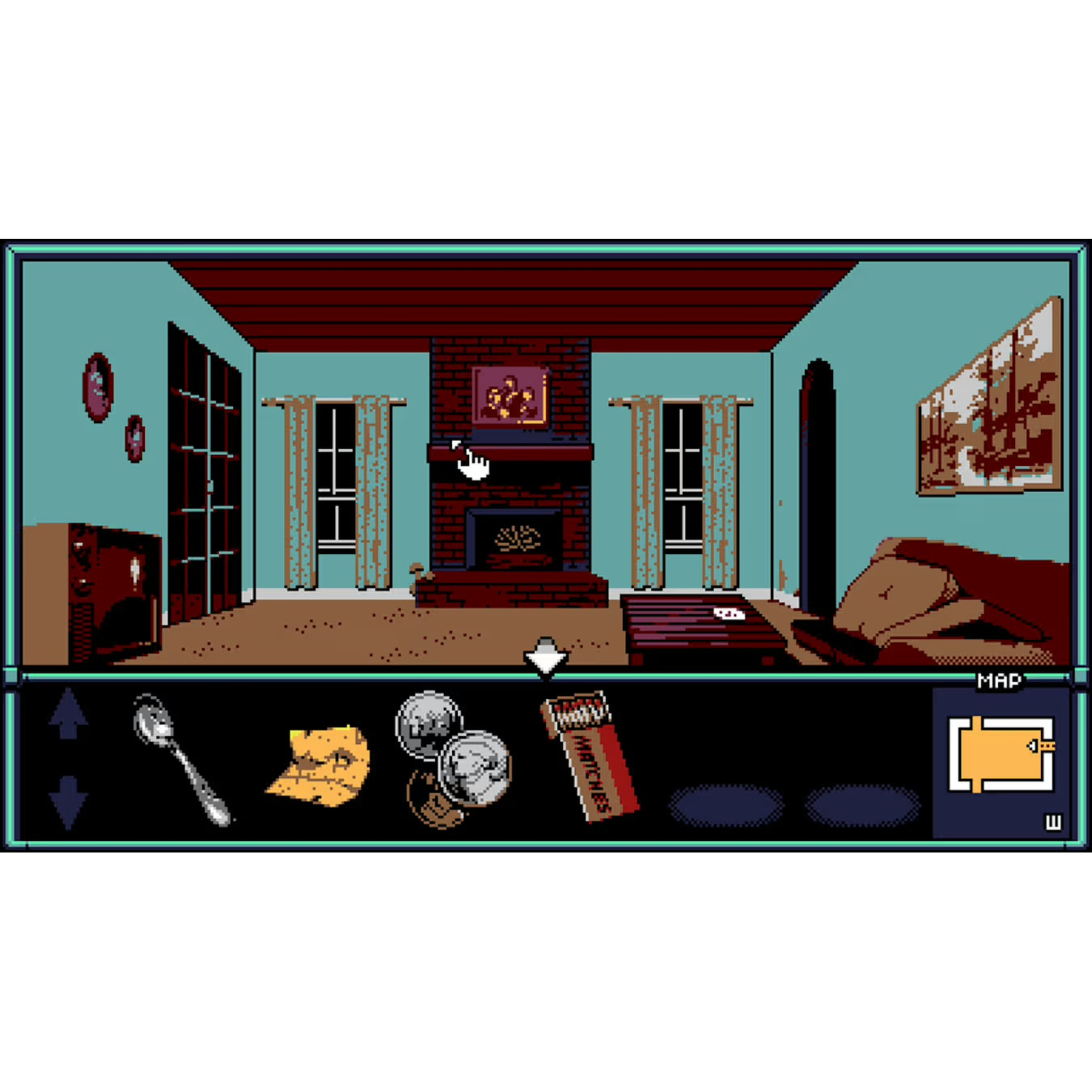 Une pièce pixélisée avec une cheminée, une fenêtre, un canapé et une barre d'inventaire avec des objets comme une cuillère, des pièces et des allumettes.