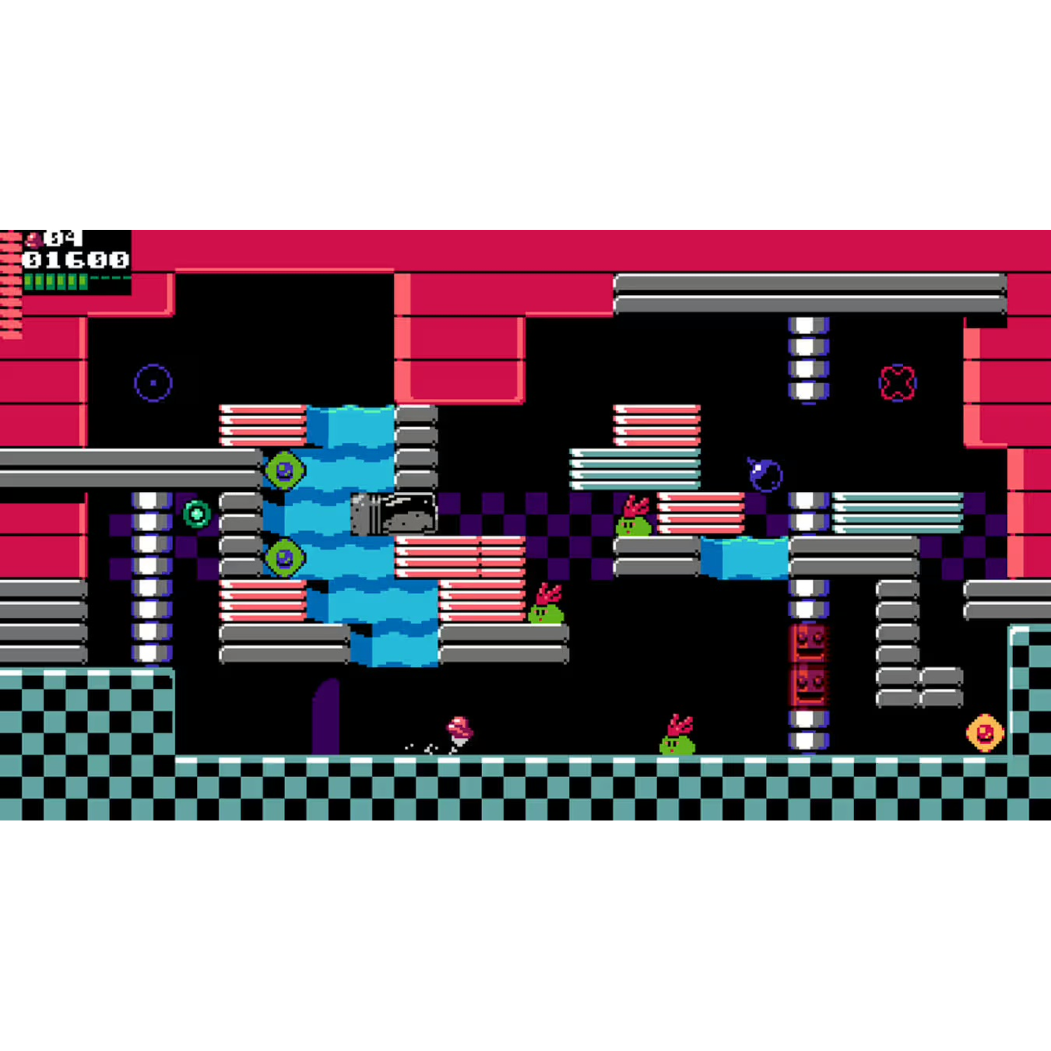 Une scène de jeu vidéo pixélisée. Un petit personnage se déplace dans un niveau avec des plateformes, des ennemis et de l'eau. Le fond est noir.
