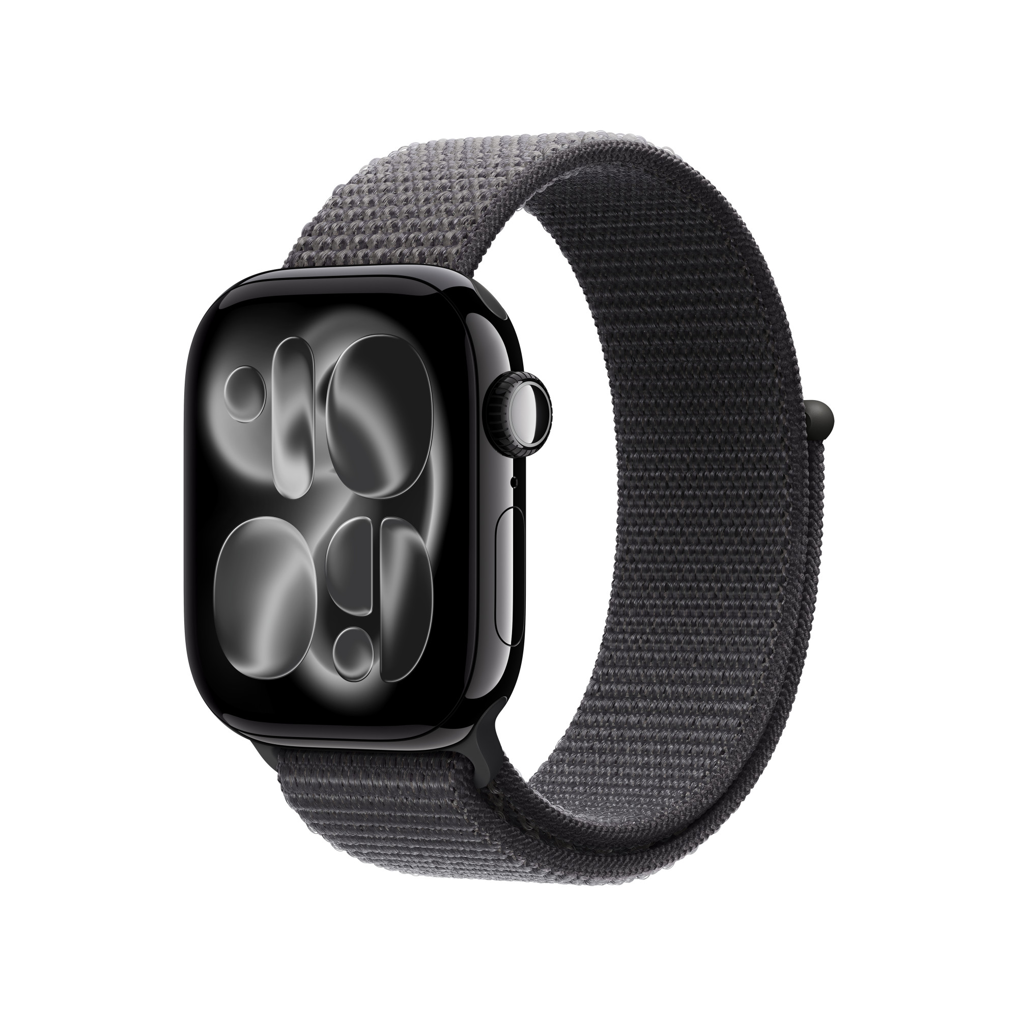 Czarny Apple Watch z szarym paskiem z tkaniny na białym tle. Tarcza zegarka jest czarna.