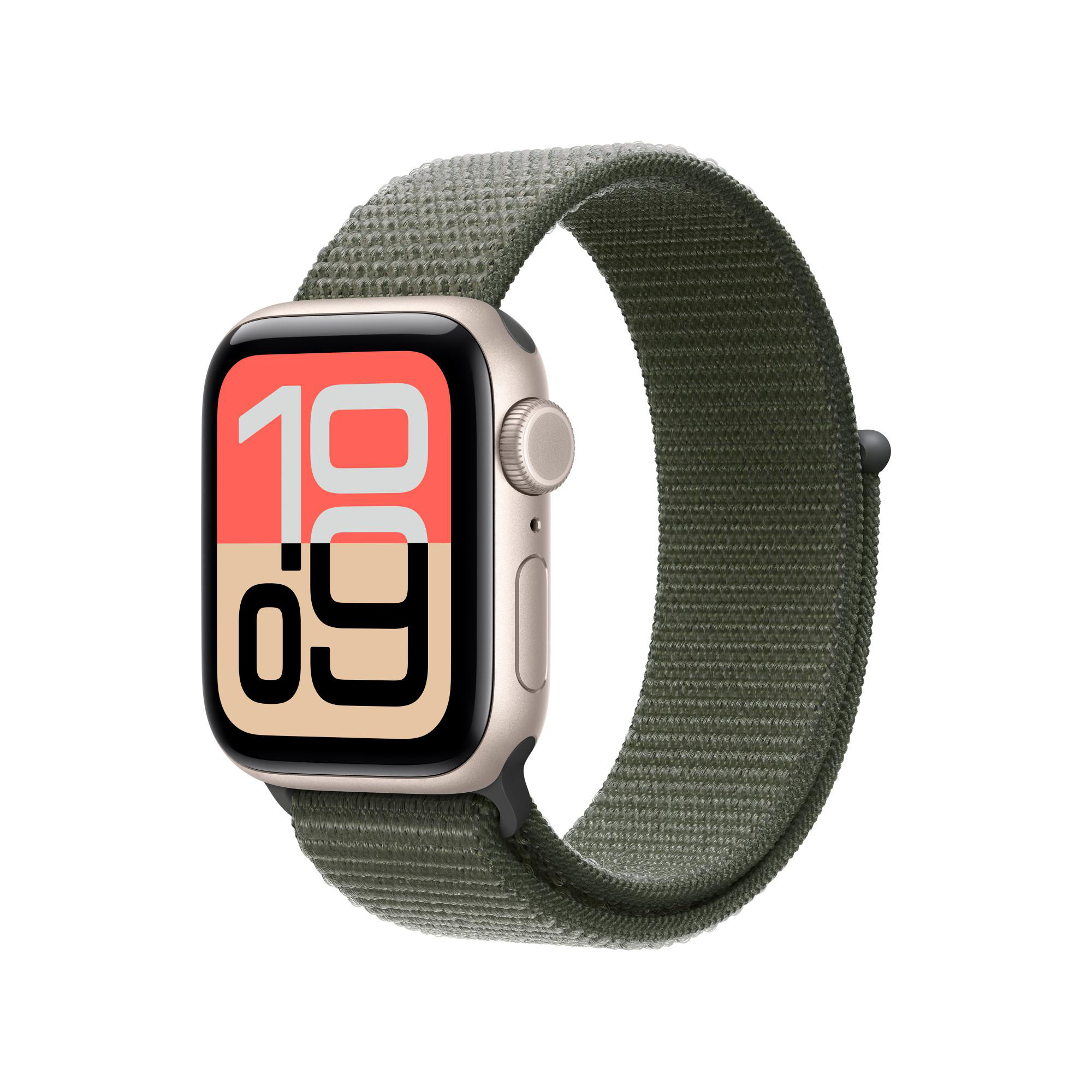 Eine Apple Watch mit grünem Sport Loop-Armband. Das Zifferblatt zeigt die Uhrzeit 10:09 an. Die Uhr ist goldfarben.